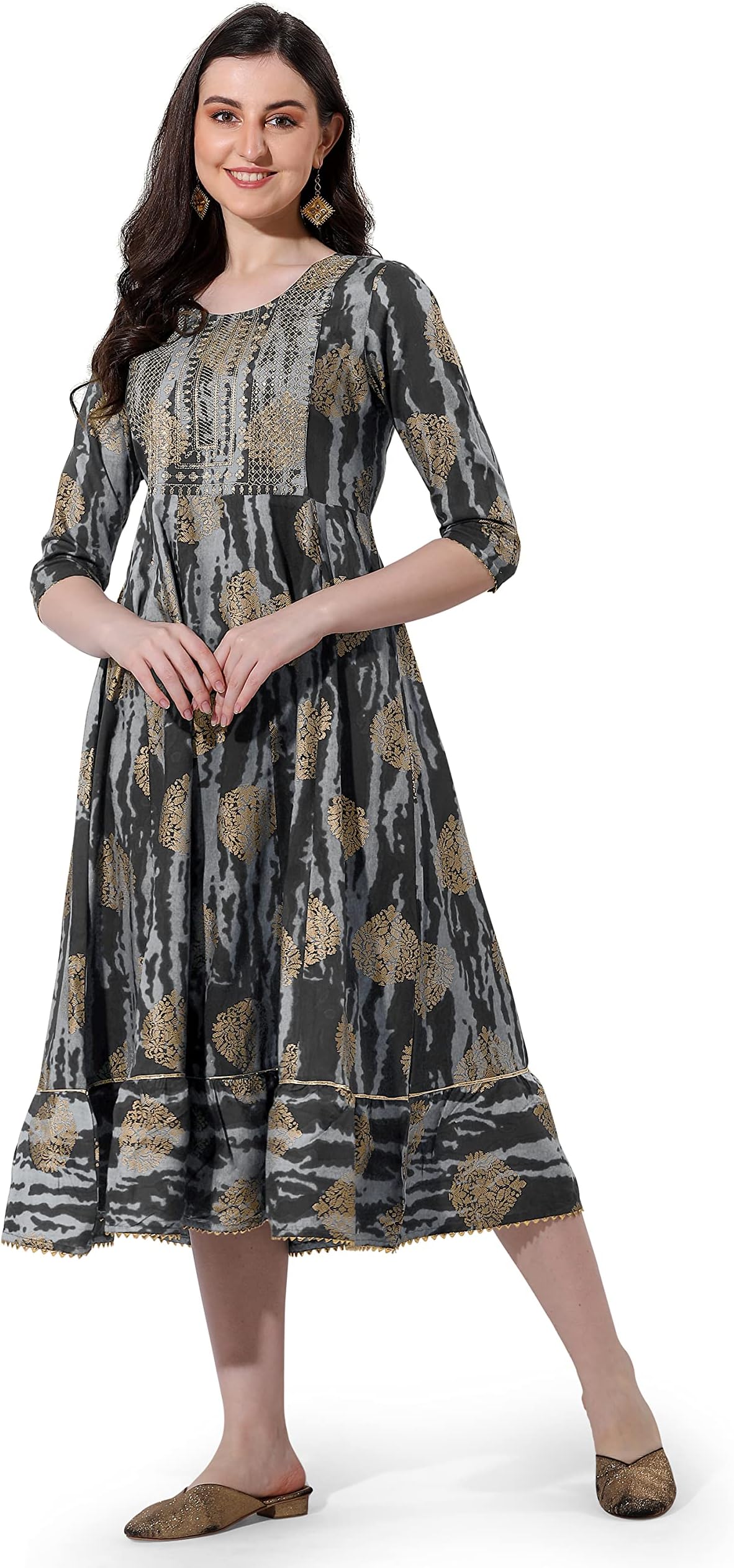 MIRCHI FASHIONWomen's Anarkali Cotton Sequins Embroidery Foil Gotta Patti Kurti Only (K9531-Grey-S)