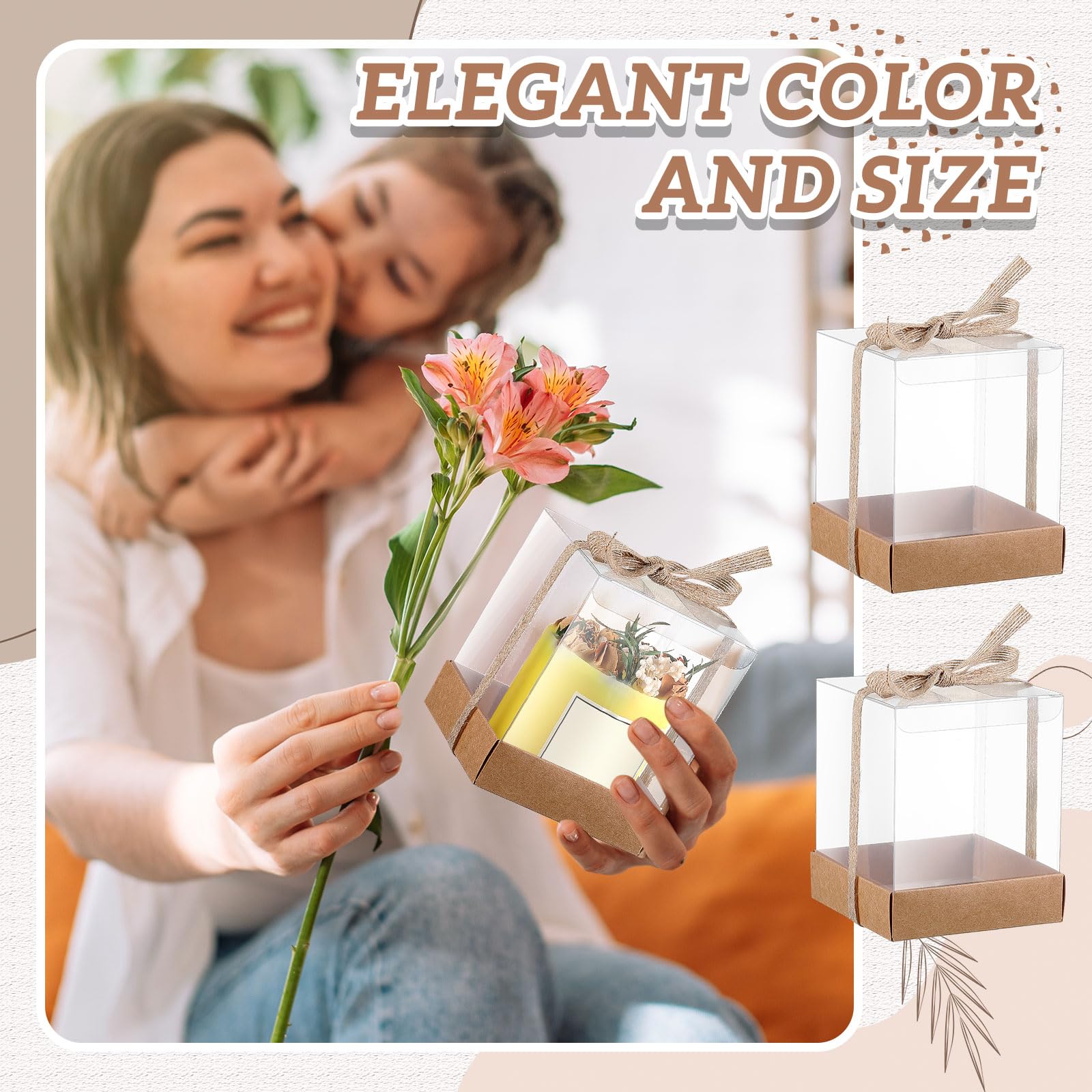 36er-Set, 8,9 x 8,9 x 10,9 cm, transparente Kerzen-Geschenkbox, Verpackung, 113,4–510 ml, Teelichthalter, Bulk-Papier-Bodenabdeckung mit Band, für Weihnachten, Hochzeit, Babyparty, Party,
