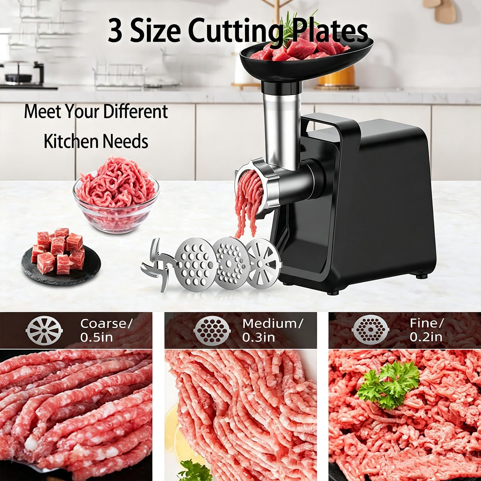 Molino de Carne Eléctrico de Acero Inoxidable con Salchichas y Accesorios | 3 placas de corte, anti-atasco hacia adelante y hacia atrás, partes desmontables y lavables, uso múltiple para procesamiento