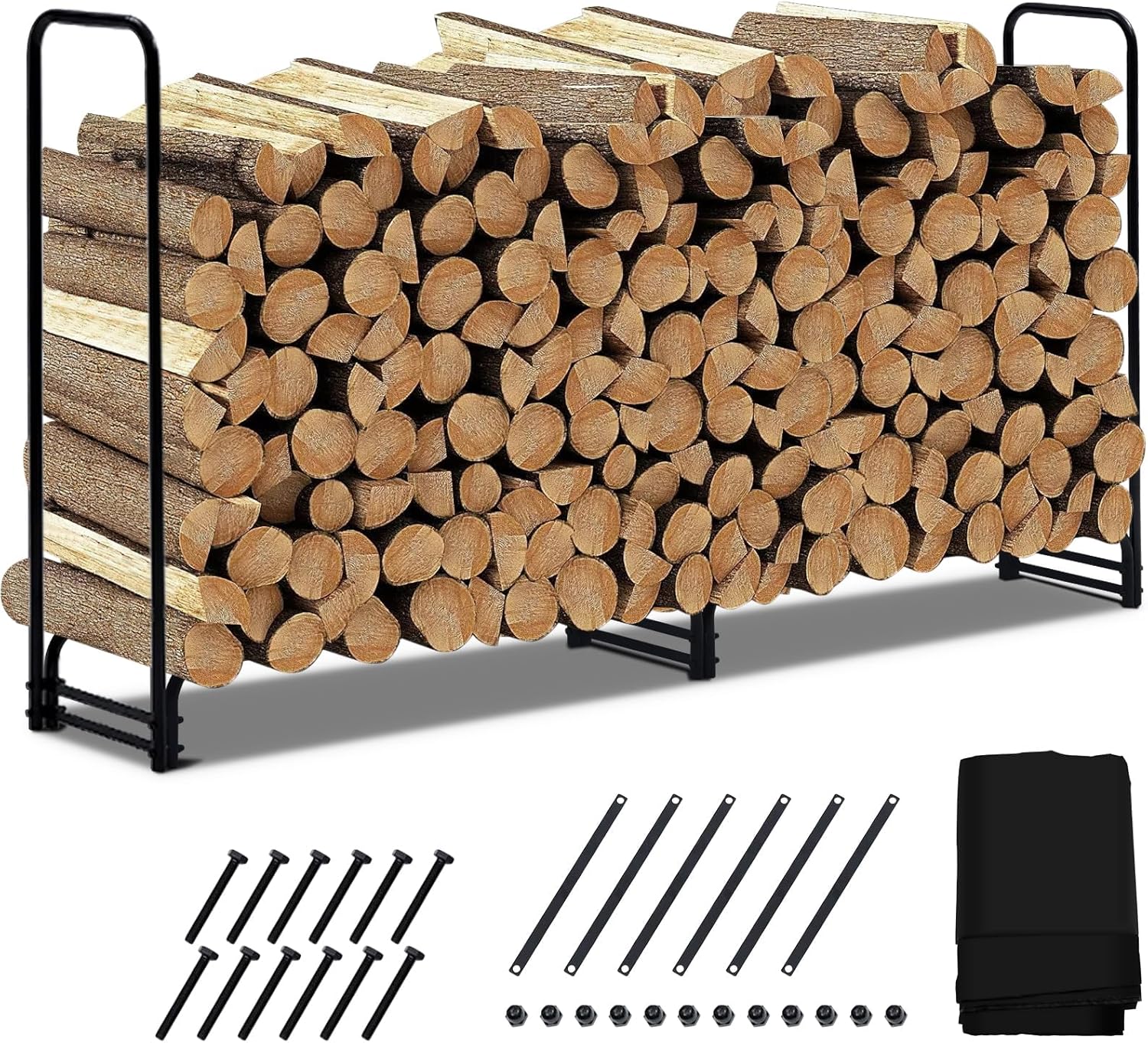 Firewood Rack Outdoor with Cover, 8.5 ft Heavy Duty Steel 3/4 Cord Logs Stacker Holder, Firewood Storage Stand for Indoor Fireplace, Wood Organizer for Fireplace Patio Deck Garden