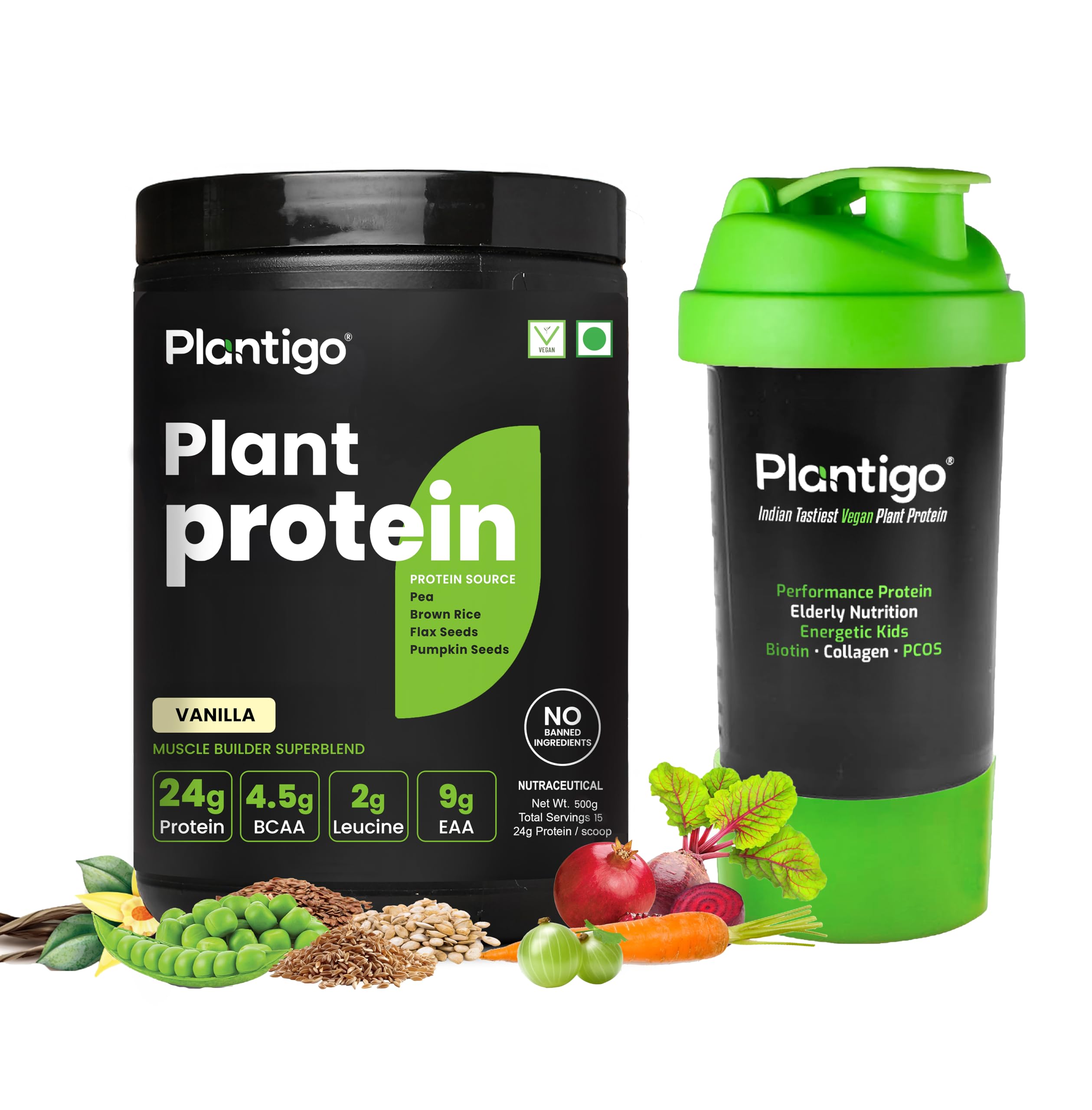Plantigo Clean Plant Protein Powder for Men, Women - 24g Protein, 4.4g BCAA, 2g Leucine, Antioxidants, 11 Vitamins, 8 Minerals, Brown Rice, Pea Protein (Vanilla Flavored + Sipper Bottle 600ml)