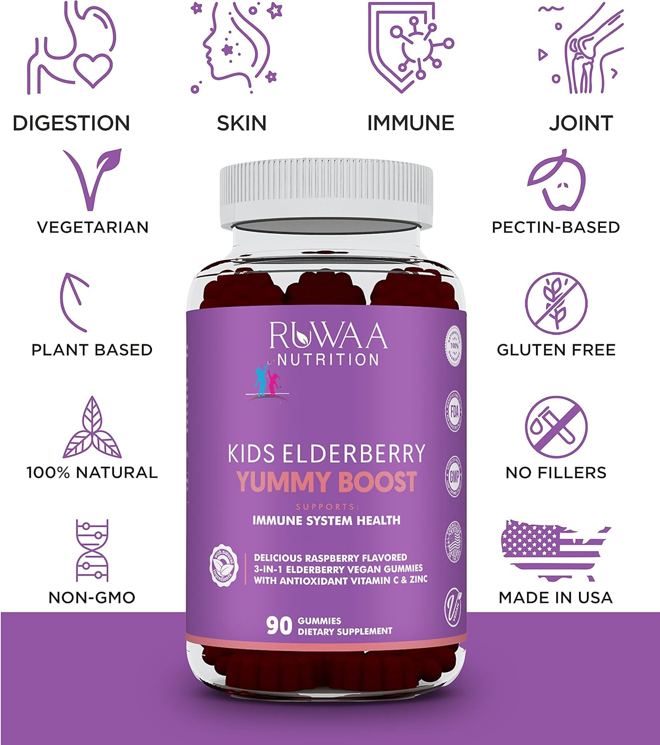 RUWAA NUTRITION Vitamins, Elderberry Gummies, Zinc Supplements & Vitamin C: Immune Support Vitamins, Bone, Brain, Lung, Skin | Elderberry Gummies Vegan, Gluten Free, Non-GMO (1)
