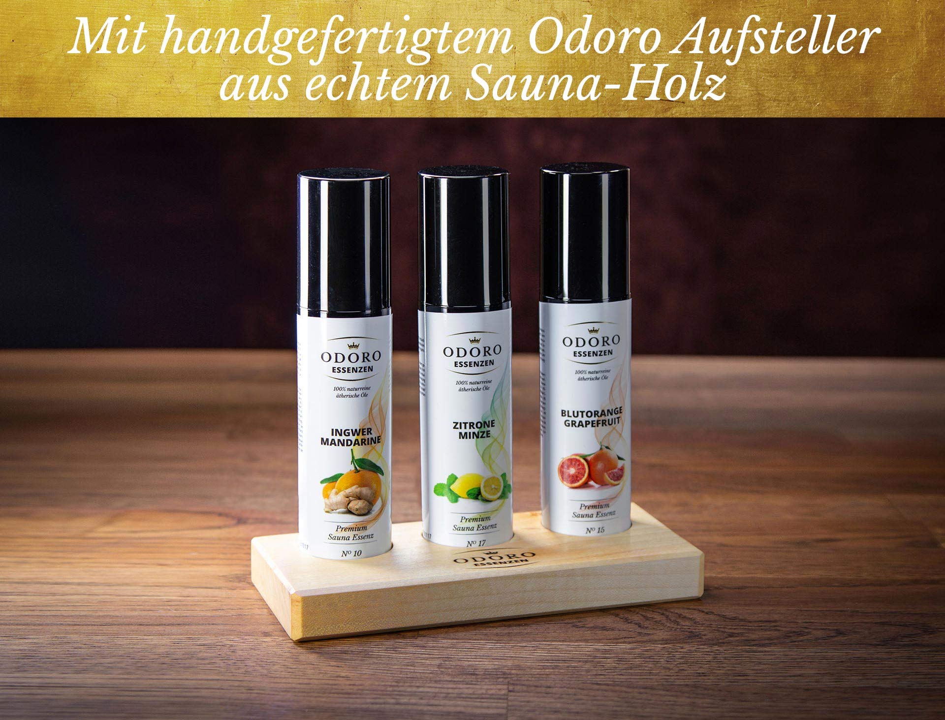 Saunaaufguss Duft Set m. Holz Ständer - 100% ätherische Öle – Salbei Eukalyptus, Minze, Menthol – Premium Aufguss Konzentrat Geschenk-Set – Natürliches Aufgussmittel, naturrein, hohe Qualität