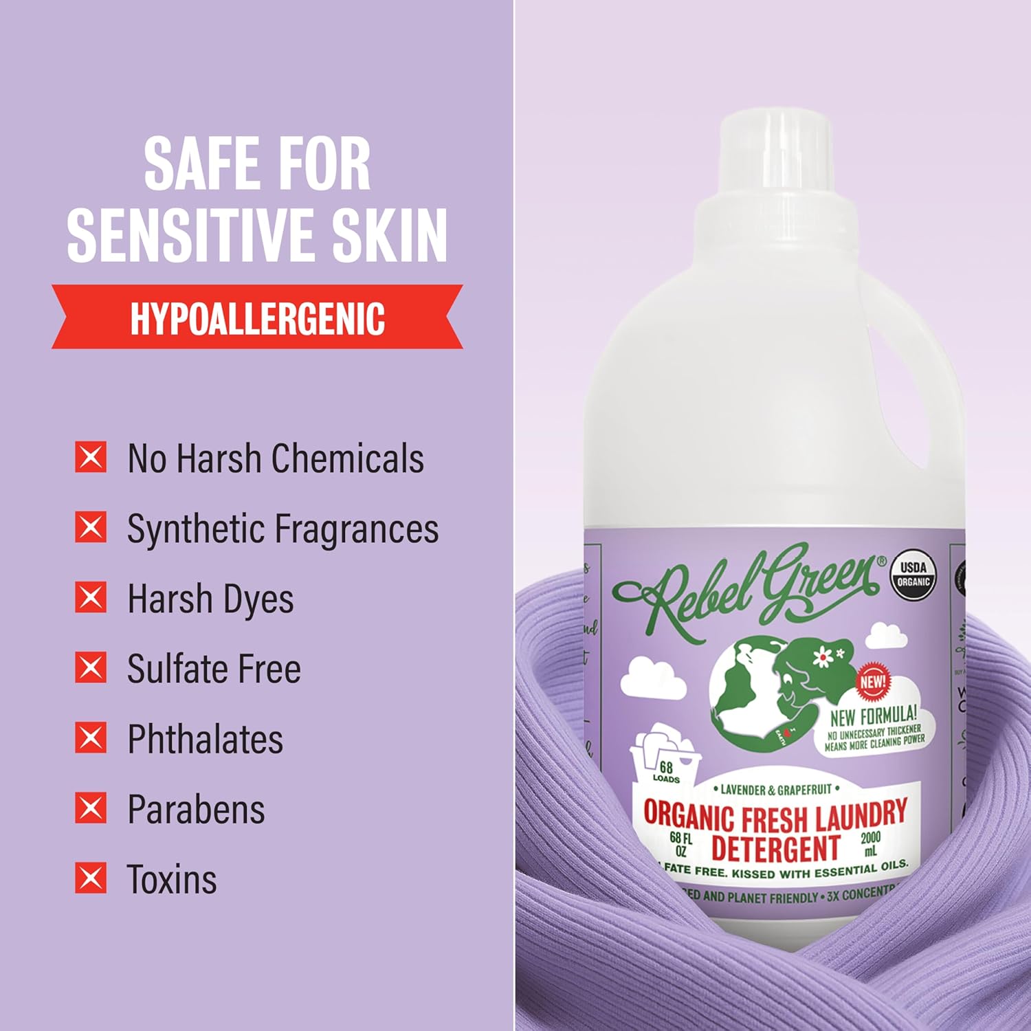 Rebel Green Organic Laundry Detergent - Natural Laundry Soap - Liquid Laundry Detergent with Dispenser Cup - Gentle Laundry Detergent - Fresh Lavender & Grapefruit Scent - 68 Load Bottles, 2 Pack - Image 5