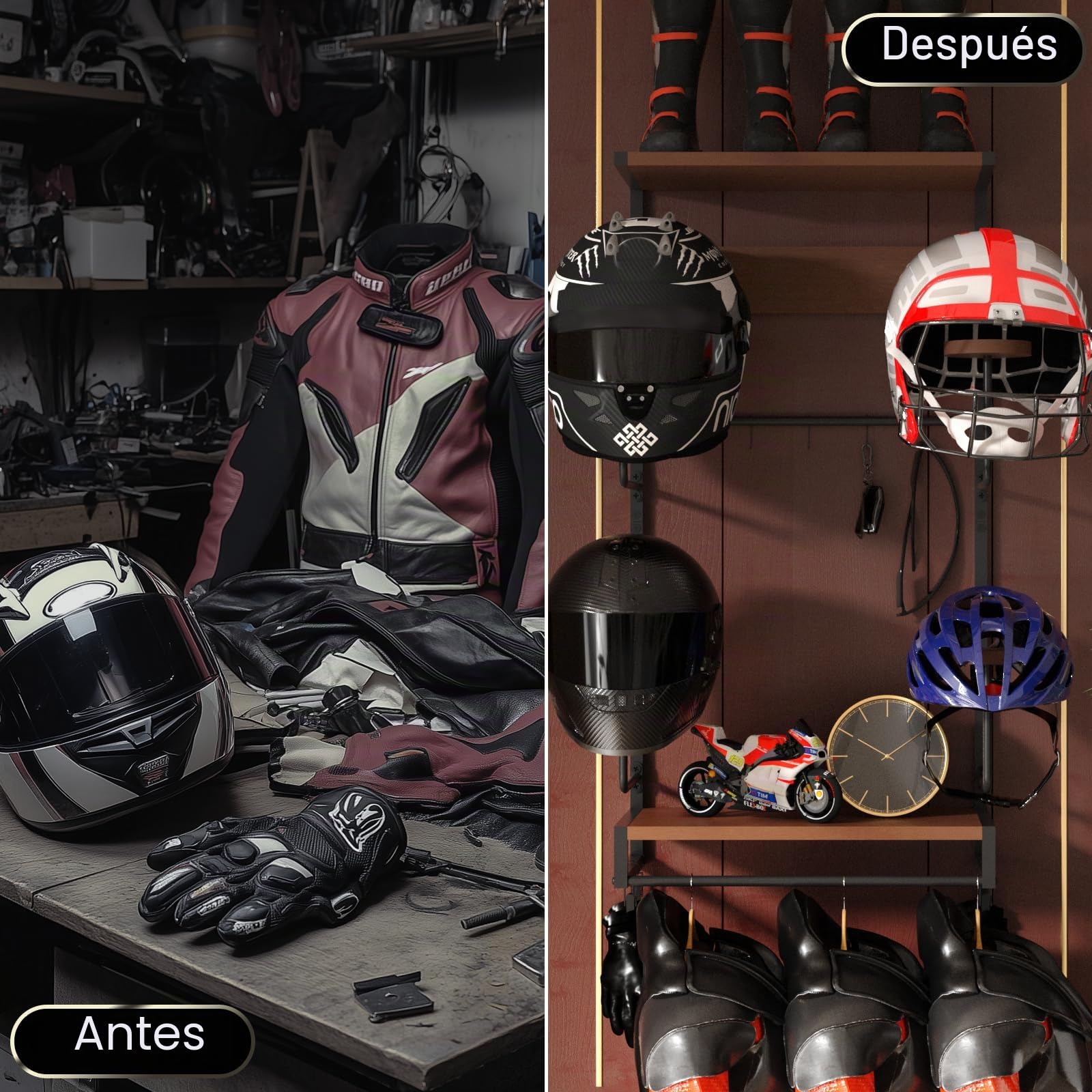 colgador casco moto pared Perchero para Casco Soporte para colagar el Casco y la Chaqueta Gancho con 2 tablas de capas de madera, Tamaño grande