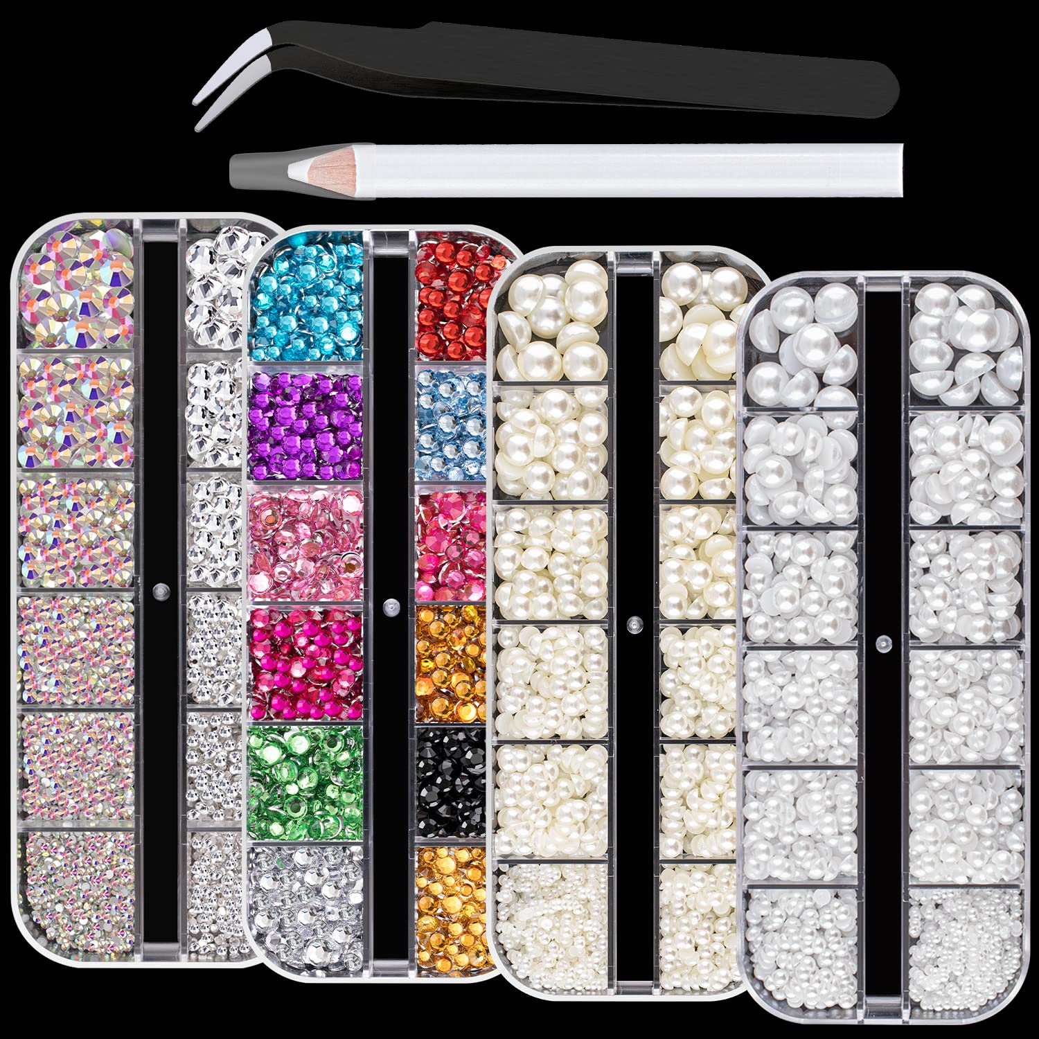 4 Boxes of Flat Back Nail Art Crystal Rhinestones+Pearl Set 1 Colorful+AB+Transparent White Rhinestone+Half Round White+Beige Pearl with Picker Pencil and Tweezer For Home DIY And Professional Use