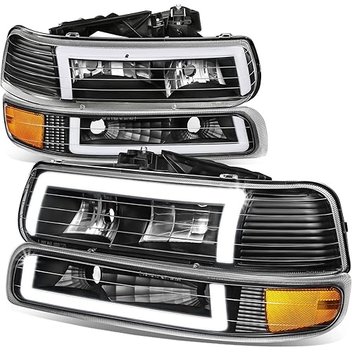 DNA MOTORING HL-LB5-CSIL99-BK-AM Pair of 3D LED DRL Headlights & Bumper Parking Turn Signal Lamps Compatible with 99-02 Silverado 1500 2500,Black/Amber