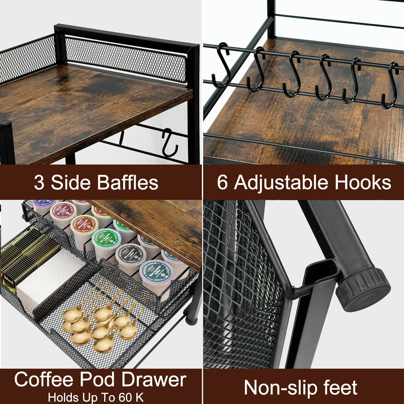 Organizador de estación de café para encimera, organizador de cápsulas de café de 2 niveles con capacidad para hasta 60 K, estación matcha, soporte para tazas con 6 ganchos, estante multifuncional 3