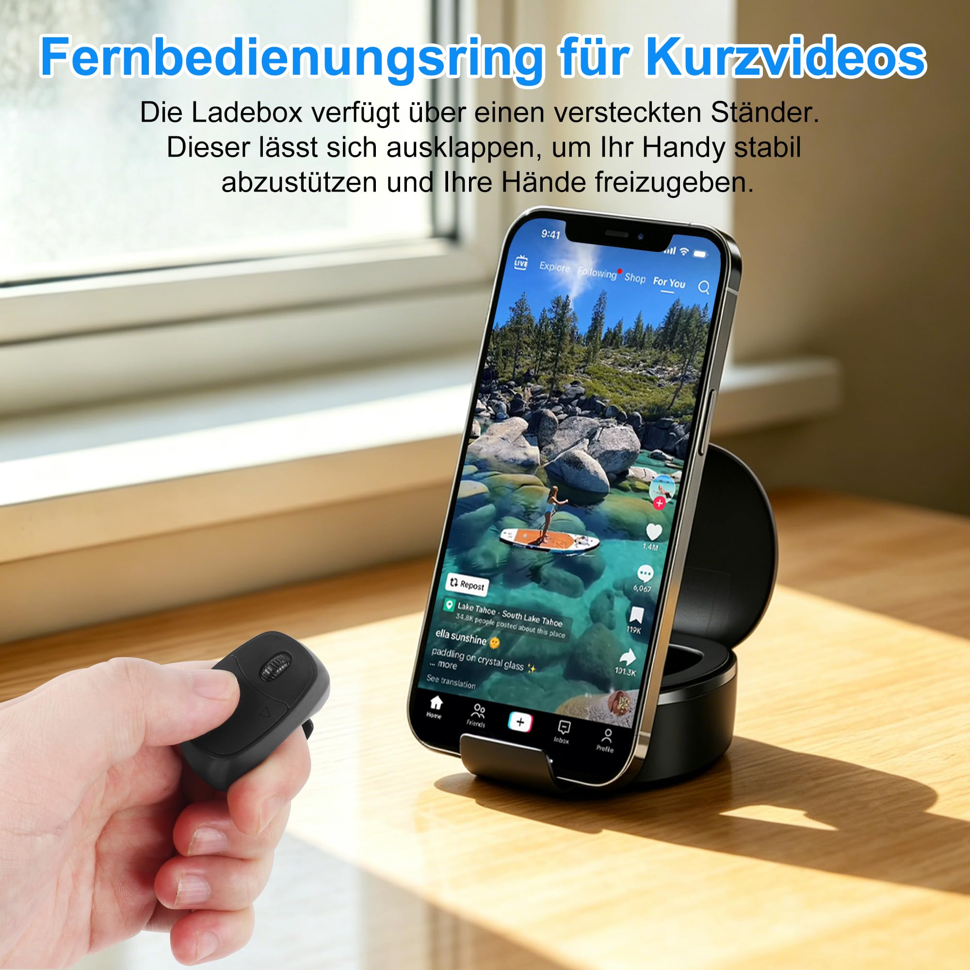 Kabellose Bluetooth-Fernbedienung, TikTok-Scrolling Ring Wiederaufladbarer mit Ladehülle, Remote Kurzvideo, Kamera Auslöser, E-Book PPT Seitenwender, für Smartphone Tablet Zuhause Reisen Büro-Schwarz