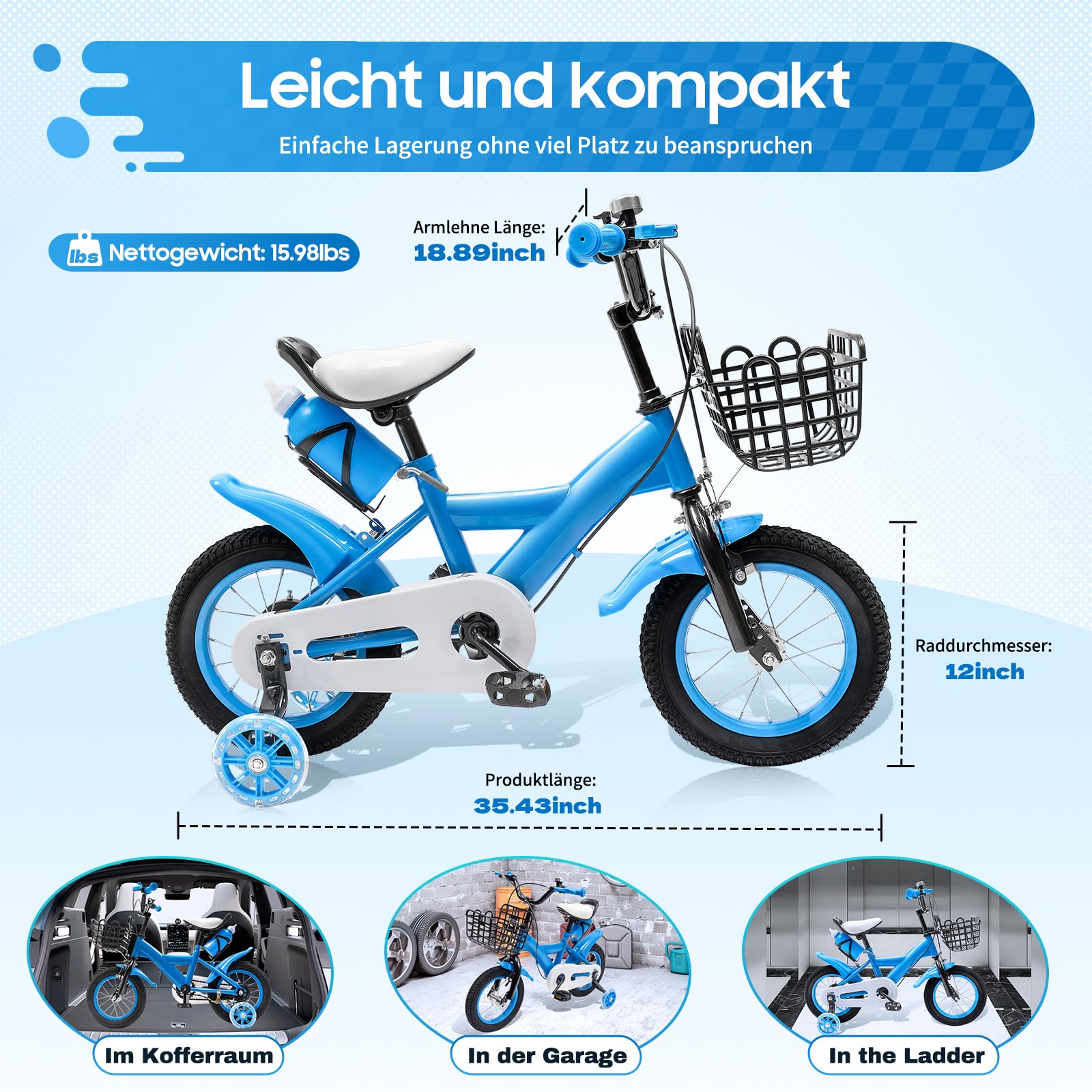 Wiefiche 12 Zoll Kinderfahrrad Upgraded Höhenverstellbar Kinder Fahrrad für ab 2-4 Jahre Mädchen & Jungen, Kinderfahrrad mit Stützrädern, Wasserflasche und Korb, Mädchenfahrrad Jungenfahrrad - 2