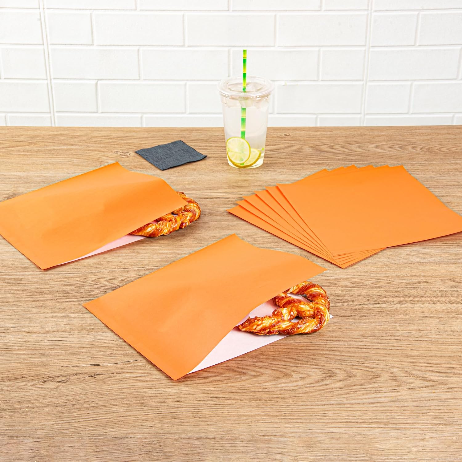 Bag Tek 10 x 9 Inch Double Open Bags, 100 Large Deli Paper Sheets - Disposable, Greaseproof, Orange Paper Deli Wrap Liners, For Snacks, Cookies, And More - Restaurantware
