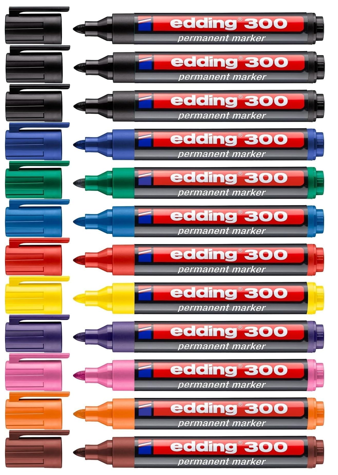 edding 4-300001 300 Industry Permanent Marker - Rundspitze - Beschriftung von Karton, Metall, Gummi und Glas, schwarz (12er Sortiert) 3x Schwarz + 9 Farben