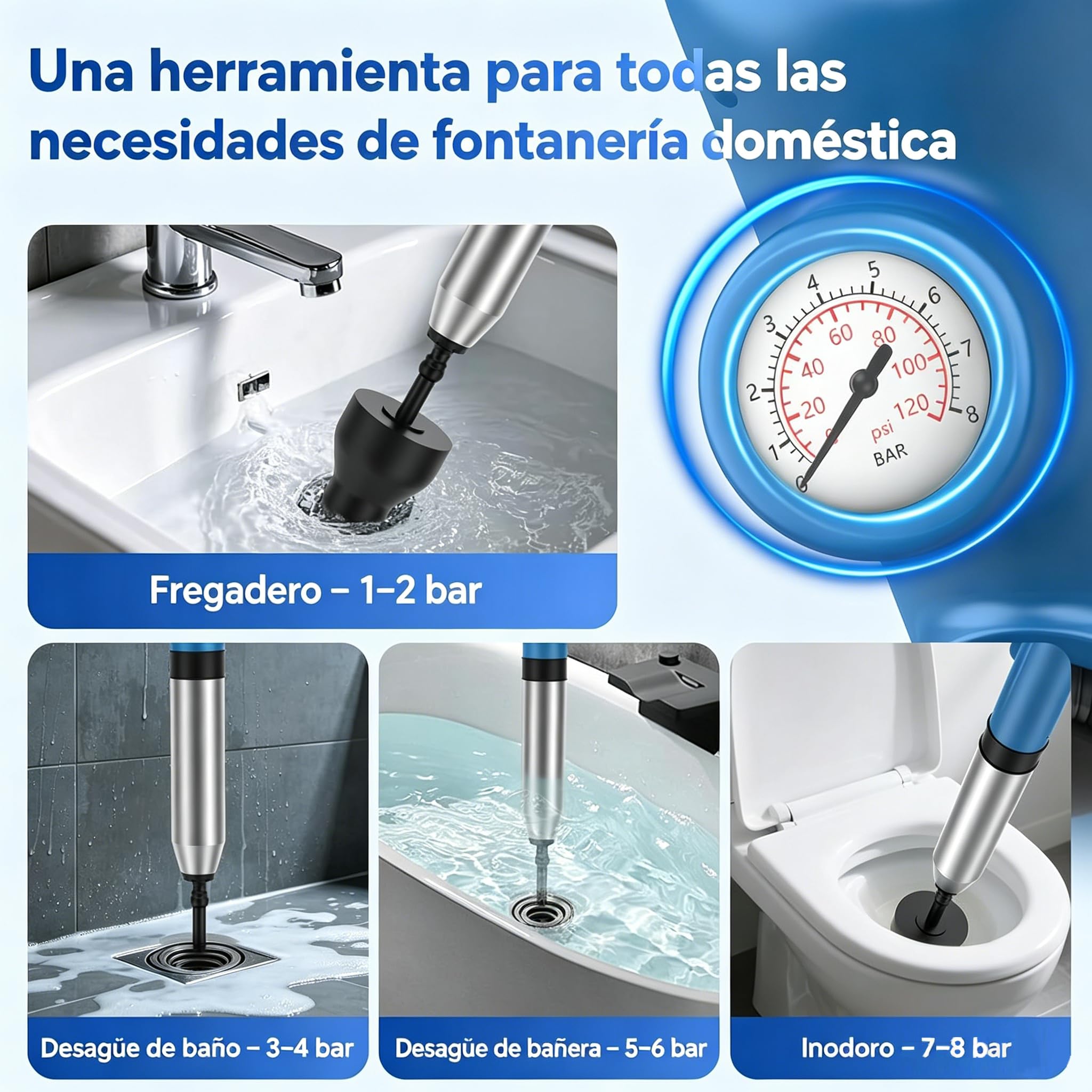 Desatascador inodoro,Desatascador tuberias profesional, desatascador wc bomba neumatico, pistola desatascador tuberias Lavabos Avec cintre para Cuartos, Baño，Lavabos