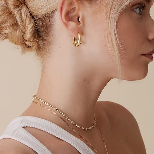 Miniatura 4 de PAVOI - Aretes de aro pequeños y gruesos chapados en oro de 14 quilates con poste de plata de ley 925 Aretes de aro de oro gruesos y ligeros para