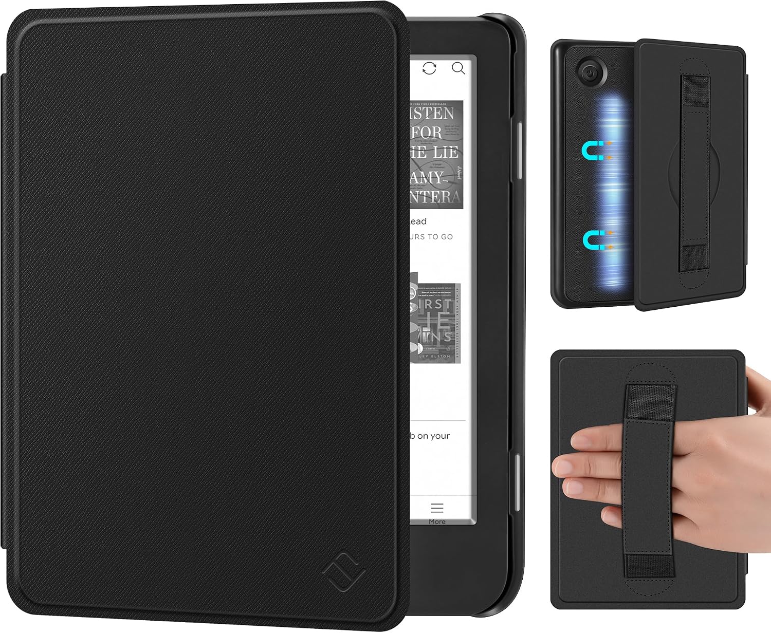 Fintie Case for 6" Kobo Clara Colour/Kobo Clara BW/2E, Black | Built-in Hand Strap, Slim Lightweight PU Leather Hard Back Shell Cover, with Magnetic Back Attachment, Auto Sleep/Wake
