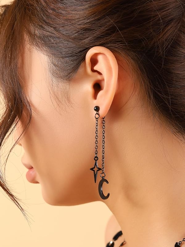 Black Crescent Moon Star Dangle Earrings, Gothic Emo Punk Grunge Earrings by Sacina - Used condition - Image 4