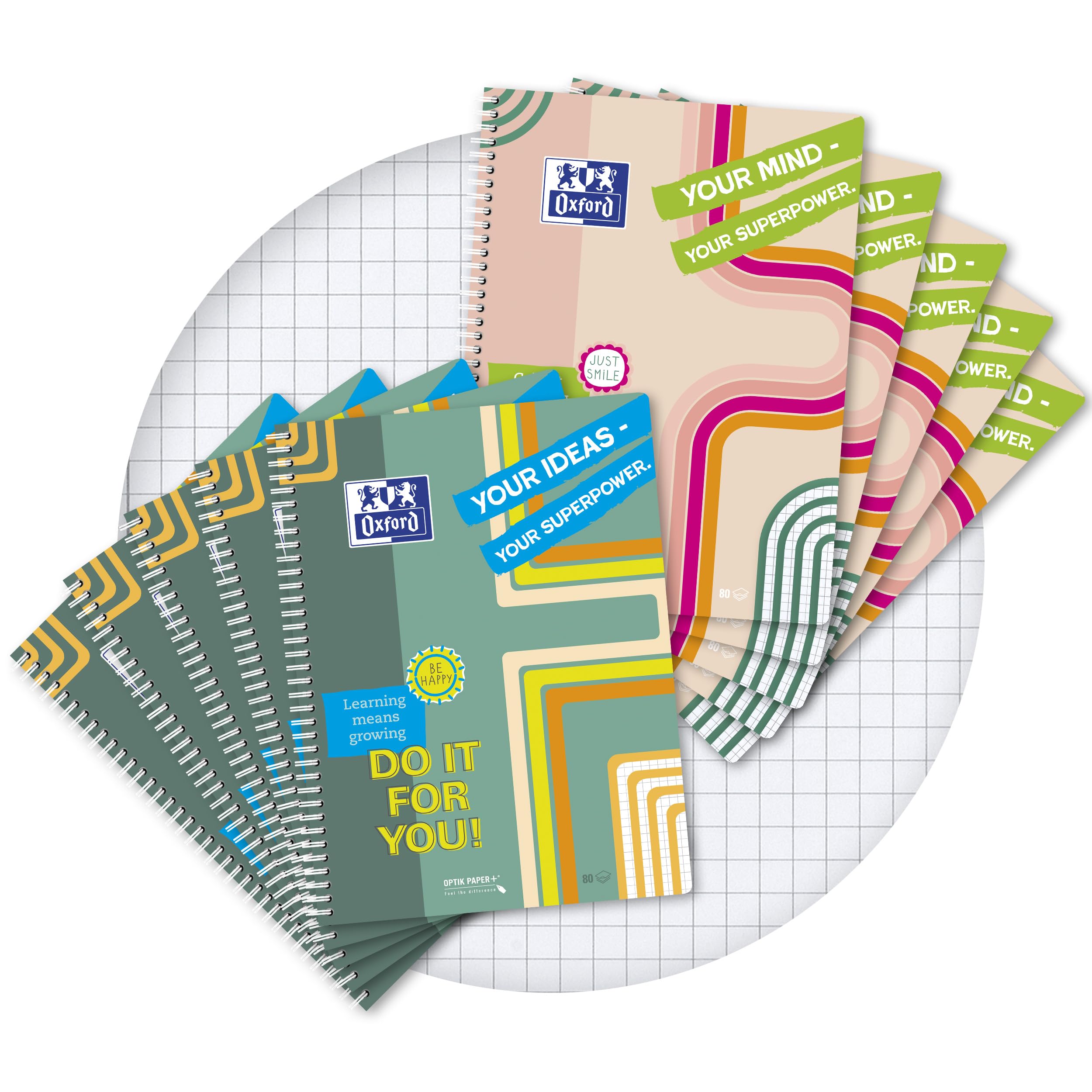 Oxford A4 Collegeblock, kariert, 160 Seiten Limited Edition "Mind Power" 2 Motive sortiert, 4-fach gelocht & mikroperforiert, 10 Stück