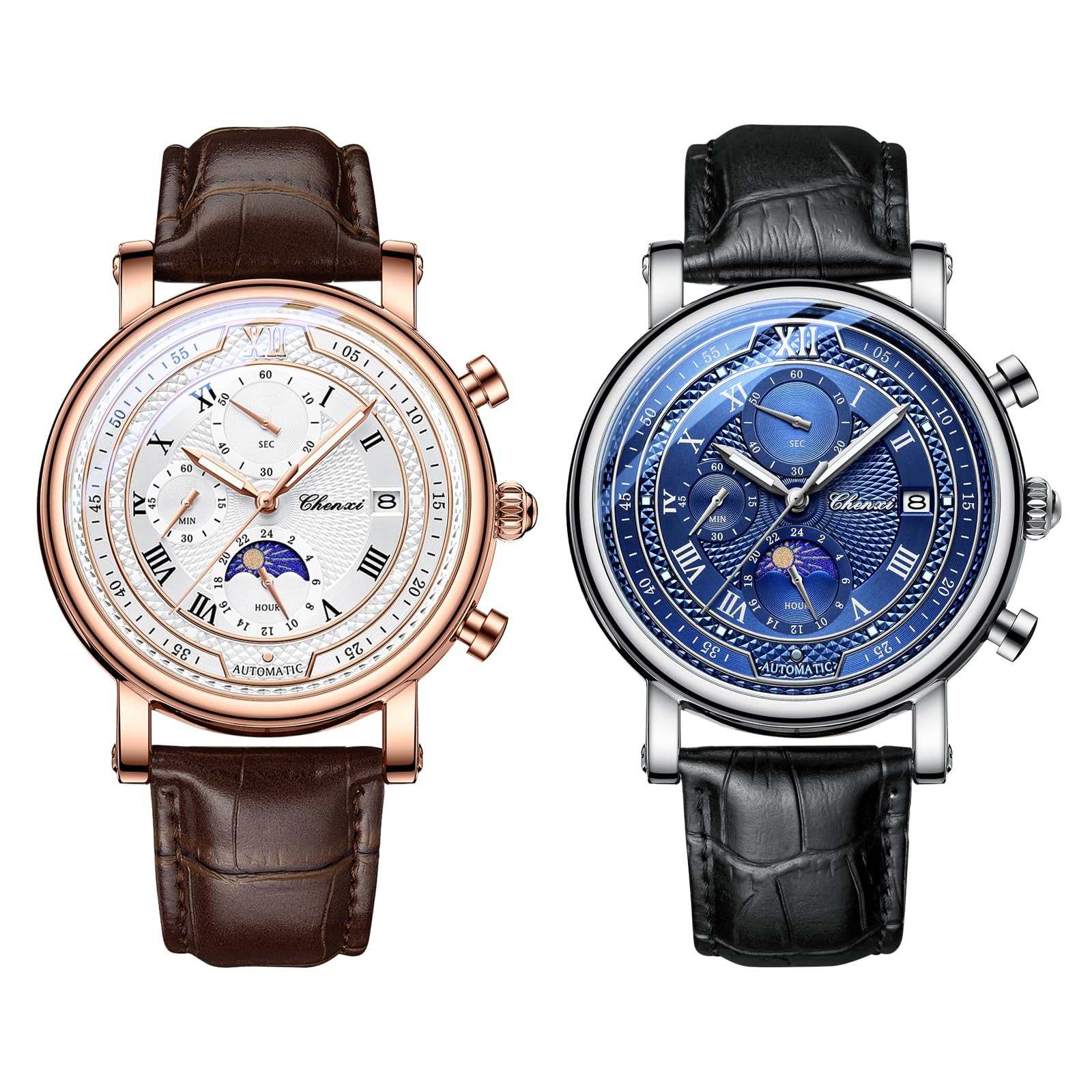 JewelryWe Herrenuhr Echtleder Chronograph Uhr 30m Wasserdicht Analog Quarz Armbanduhr Herren Lederarmband Multifunktionale Uhr mit Sternenhimmel Zifferblatt, Kalender, Leuchtzeiger, Stoppuhr