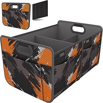Homeve Trunk Organizer, Car Storage, Reinforced Handles, Collapsible Multi-Compartment Car Organizers, Foldable, Waterproof, 600D Oxford Polyester (Black Orange, 2 Compart)
