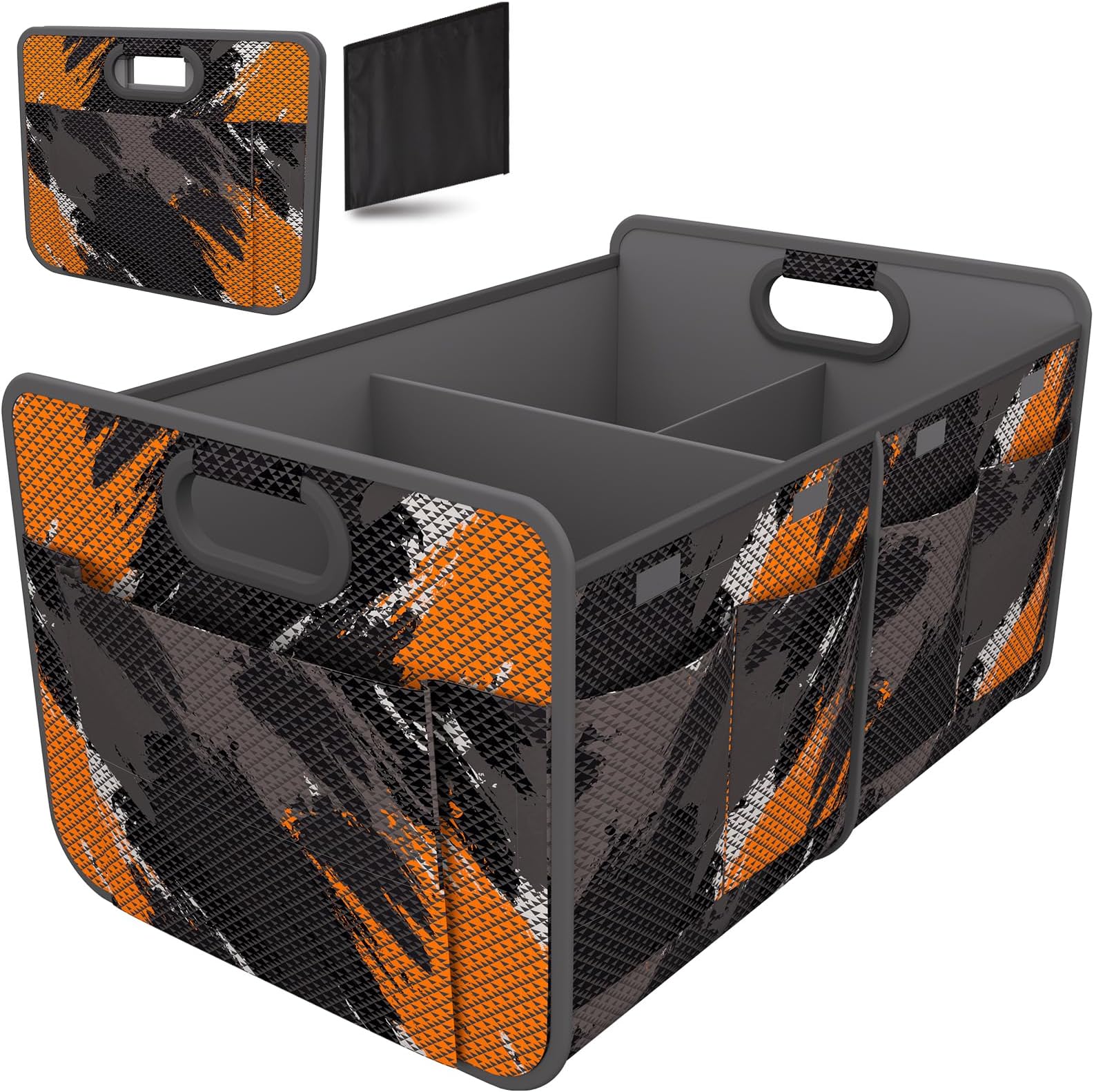 Homeve Trunk Organizer, Car Storage, Reinforced Handles, Collapsible Multi-Compartment Car Organizers, Foldable, Waterproof, 600D Oxford Polyester (Black Orange, 2 Compart)