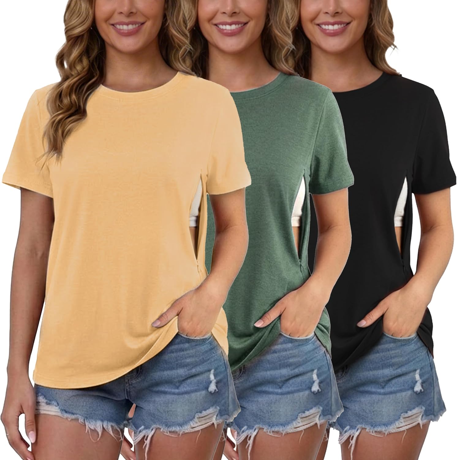 Ecavus Women's 3-Pack Nursing Shirts for Breastfeeding with Hidden Zippers Loose Fit Maternity Tops