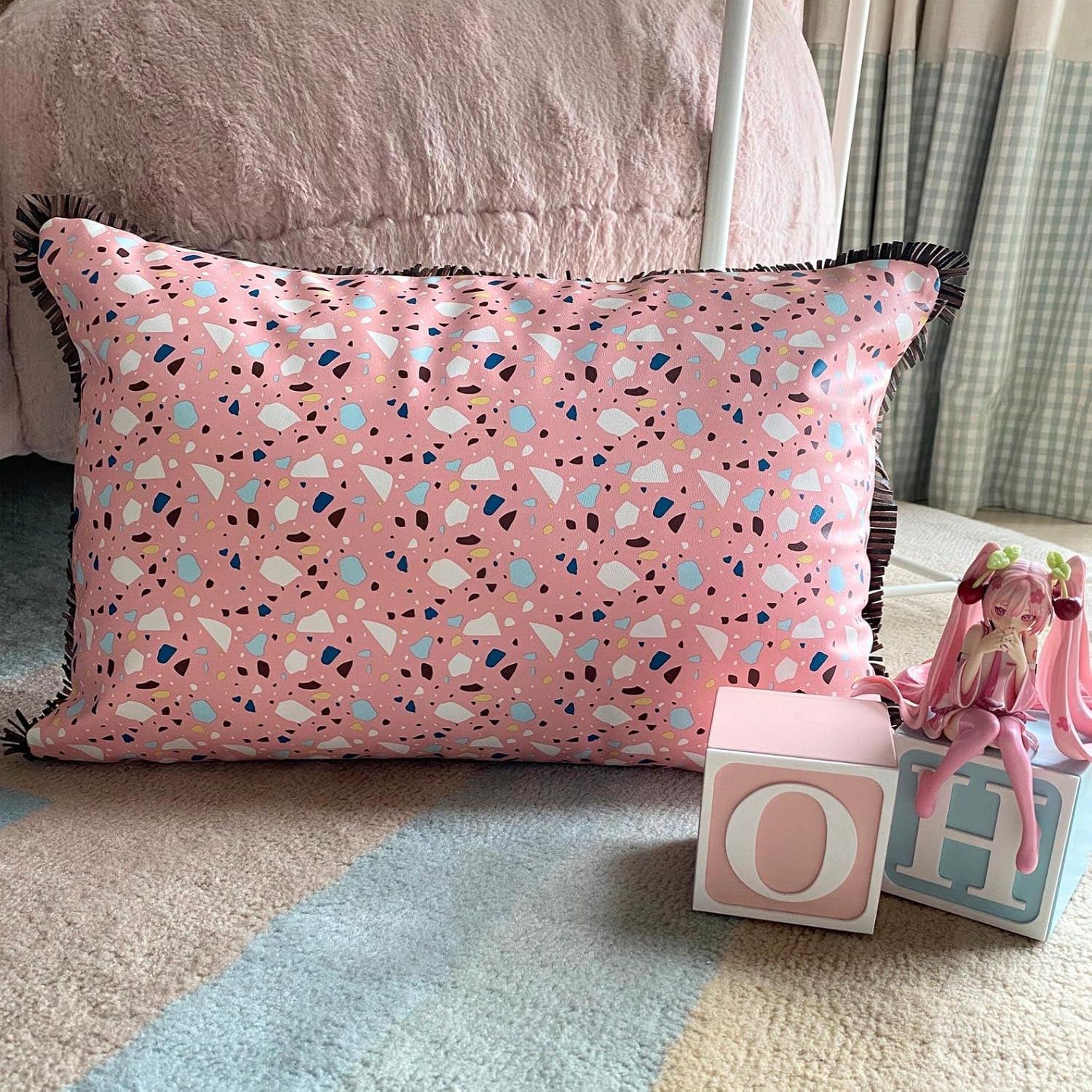 The HomeCentric Decorative Pink 12"x16" (30x40 cm) Lumbar Pillow Cover, Faux Leather Printed & Terrazo Oblong Pillow, Abstract Pattern Modern Style - Terrazo Fun Pink