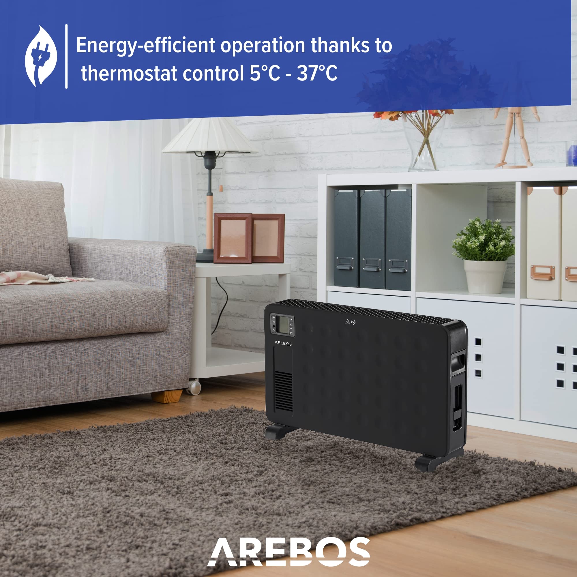 Electric Heater Snelle Verwarming Kamer Arebos Convector 2300 W | 3 Krachtige Warmtestanden | Incl. Afstandsbediening Geïntegreerde Thermostaat | Bescherming Tegen Oververhitting | LCD-display Timer Mobiele Verwarmingstoestel | Zwart Thermostaat Kachel