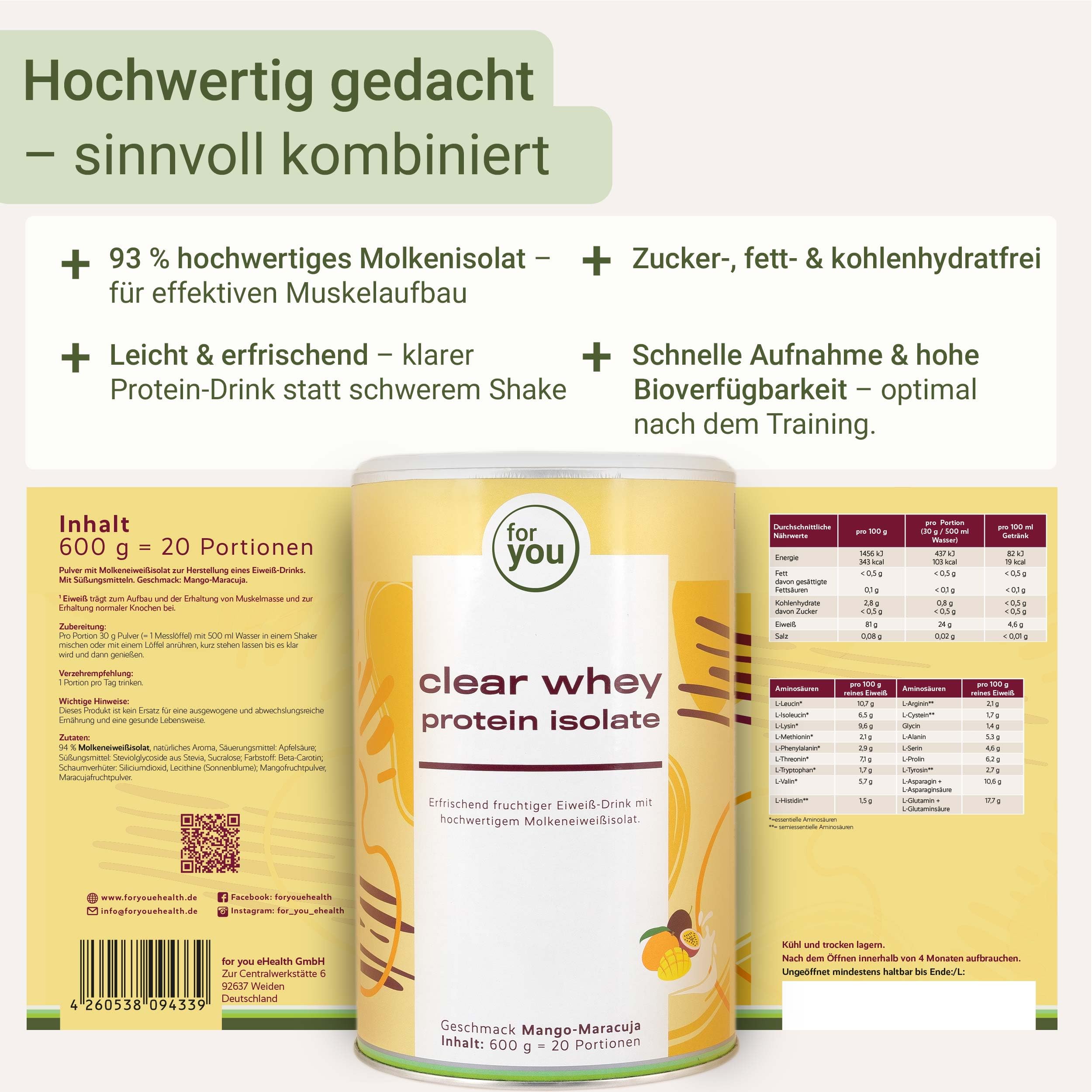 for you Clear Whey Protein Mango-Maracuja 600 g – 94% Eiweiß, laktosearm