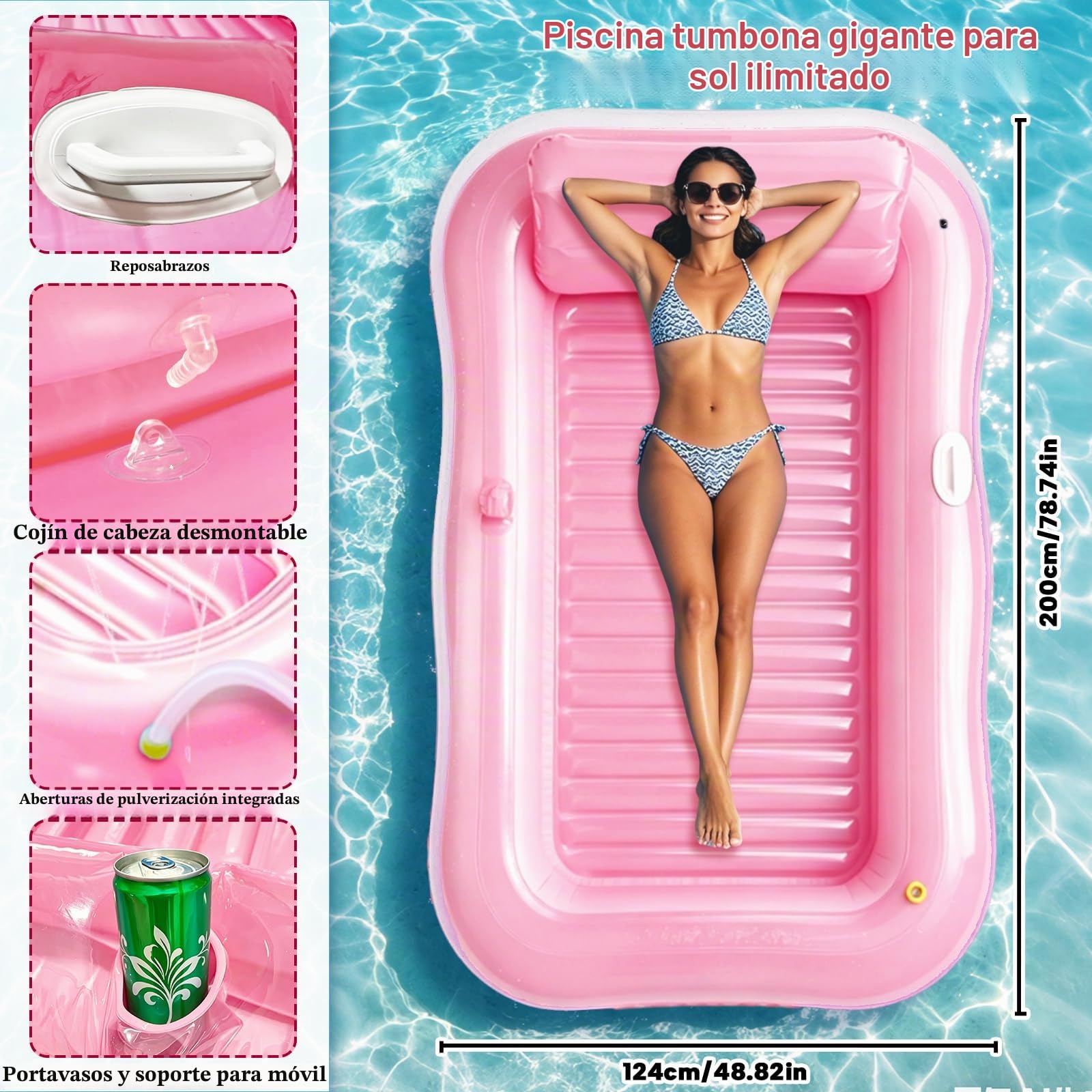 Flotteur de Piscine, Hamaca de Agua Colchón de Aire, Flotador Inflable de Bronceado, Colchoneta Piscina Adultos con Almohad, Portavasos, Flotadores Piscinas Adultos para Verano Piscina Playa