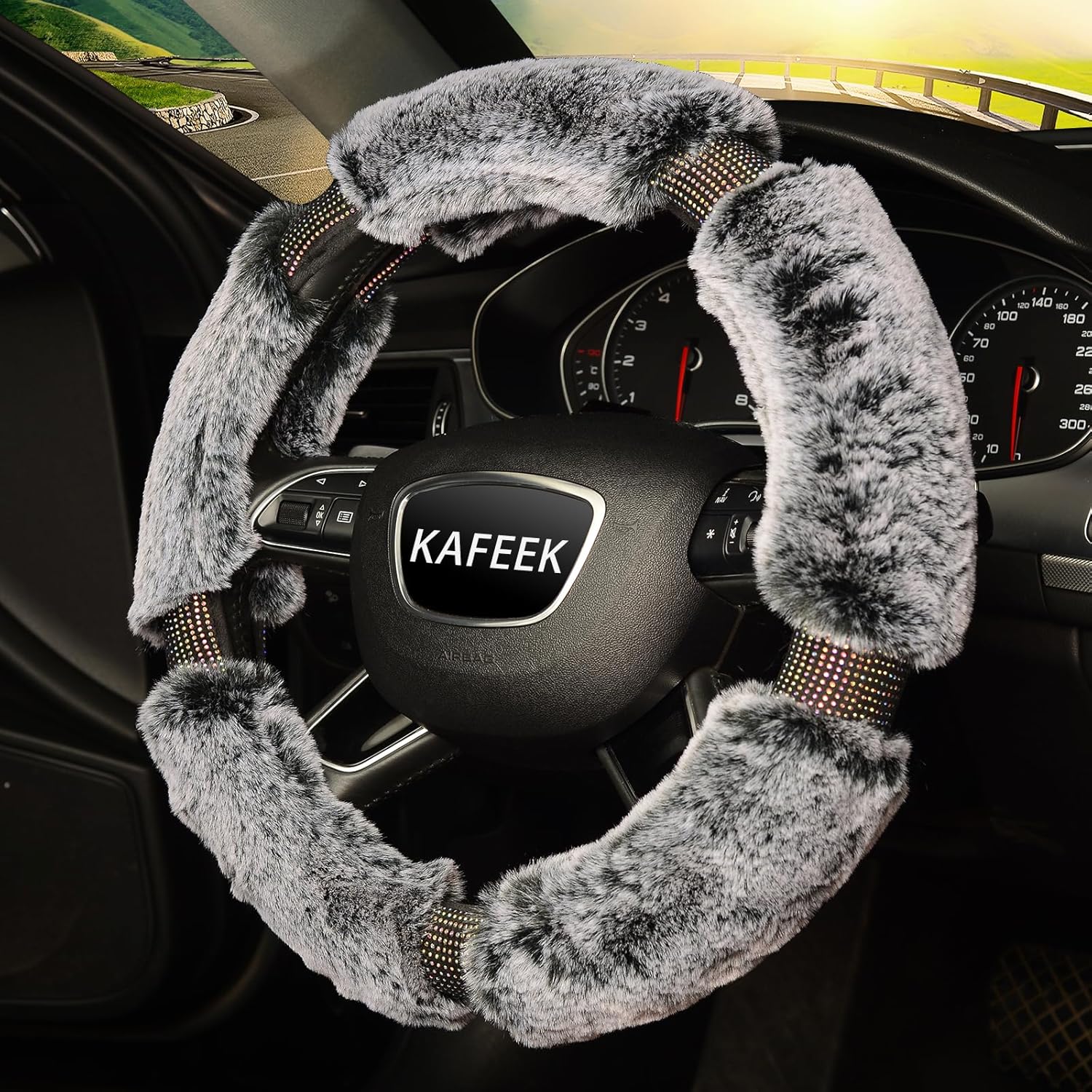 KAFEEK Diamond Fluffy Microfiber Plush Steering Wheel Cover with Bling Bling Crystal Rhinestones for Winter Warm, Universal 15 inch Fuzzy Steering Wheel Cover,Gray