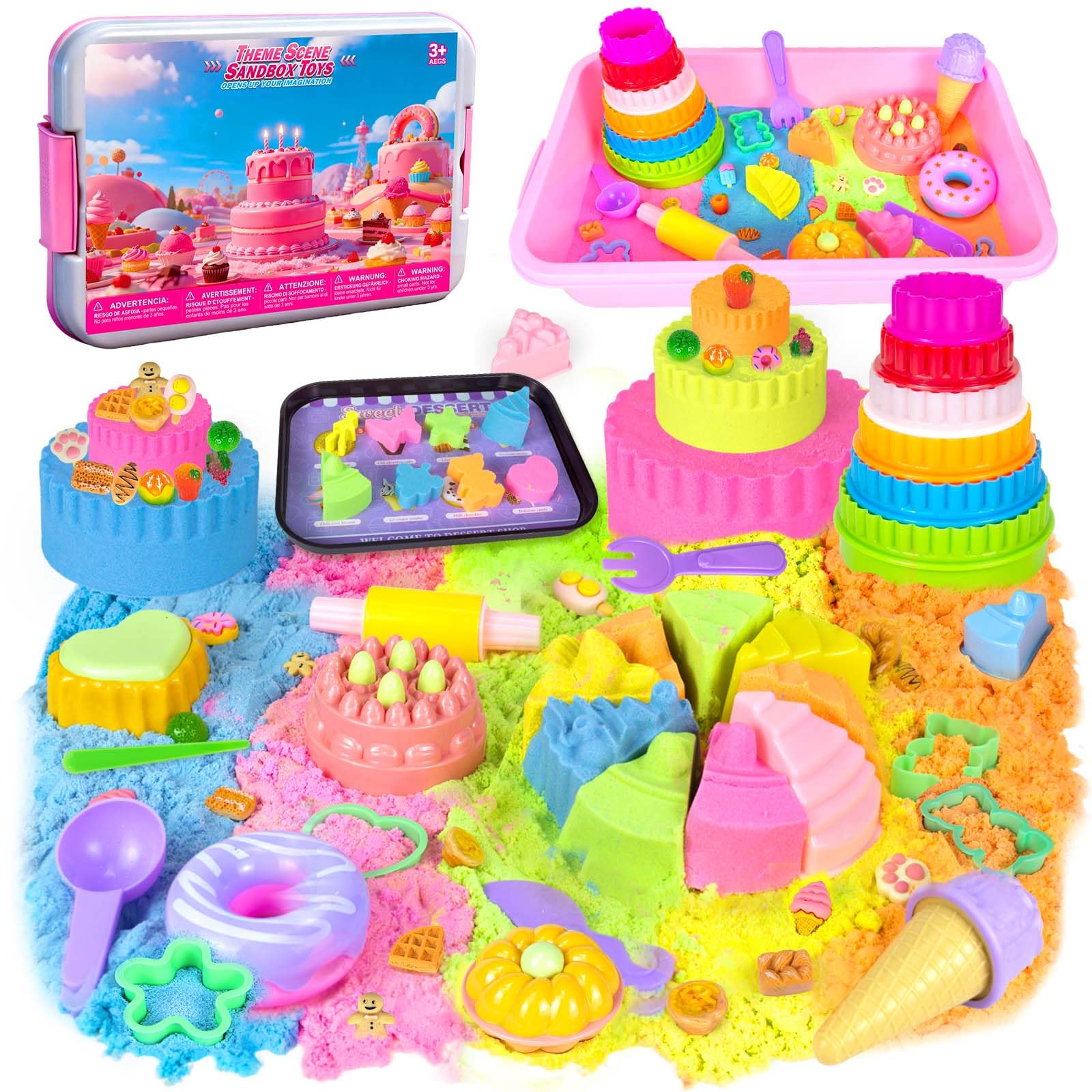 YongnKids Ice Cream Sensory Bin Girl Kid, Play Sand Art Kit with 2.2lb Color Sands, 56 pcs Cake Molds Tools Sensory Toys, Christmas Birthday Gift Toy for Girls Toddler 3 4 5 6 7 8