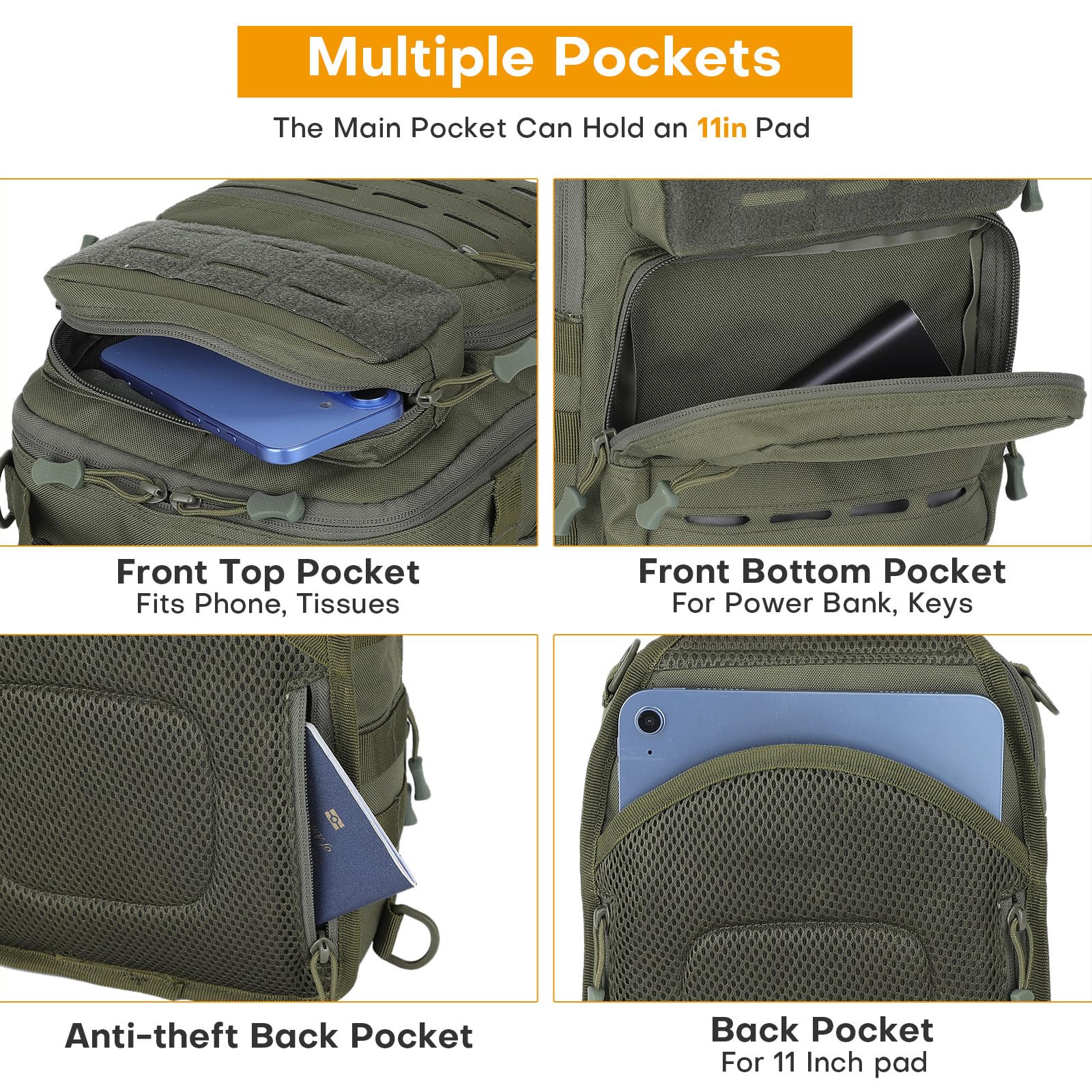 HUNTVP Brusttasche Schultertasche Chest Pack Slingrucksack Molle Crossbody Bag Umhängetasche Mini für Herren Damen Reise Wandern Outdoor