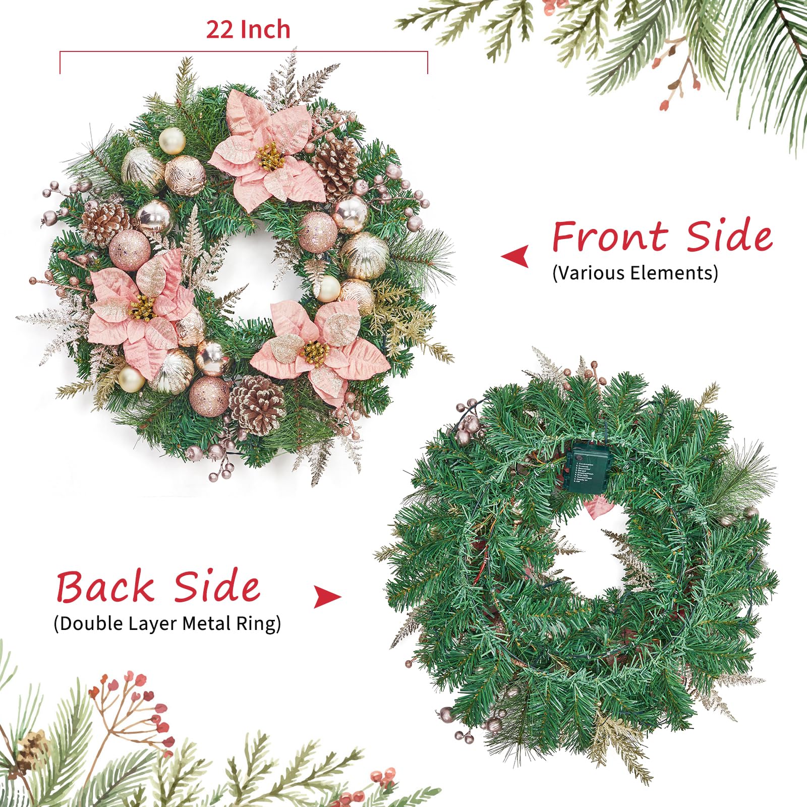 Coronas de Navidad para puerta delantera, corona de Navidad grande de 22 pulgadas con luces, corona navideña iluminada con adornos de bolas de flores para ventana de chimenea, funciona con