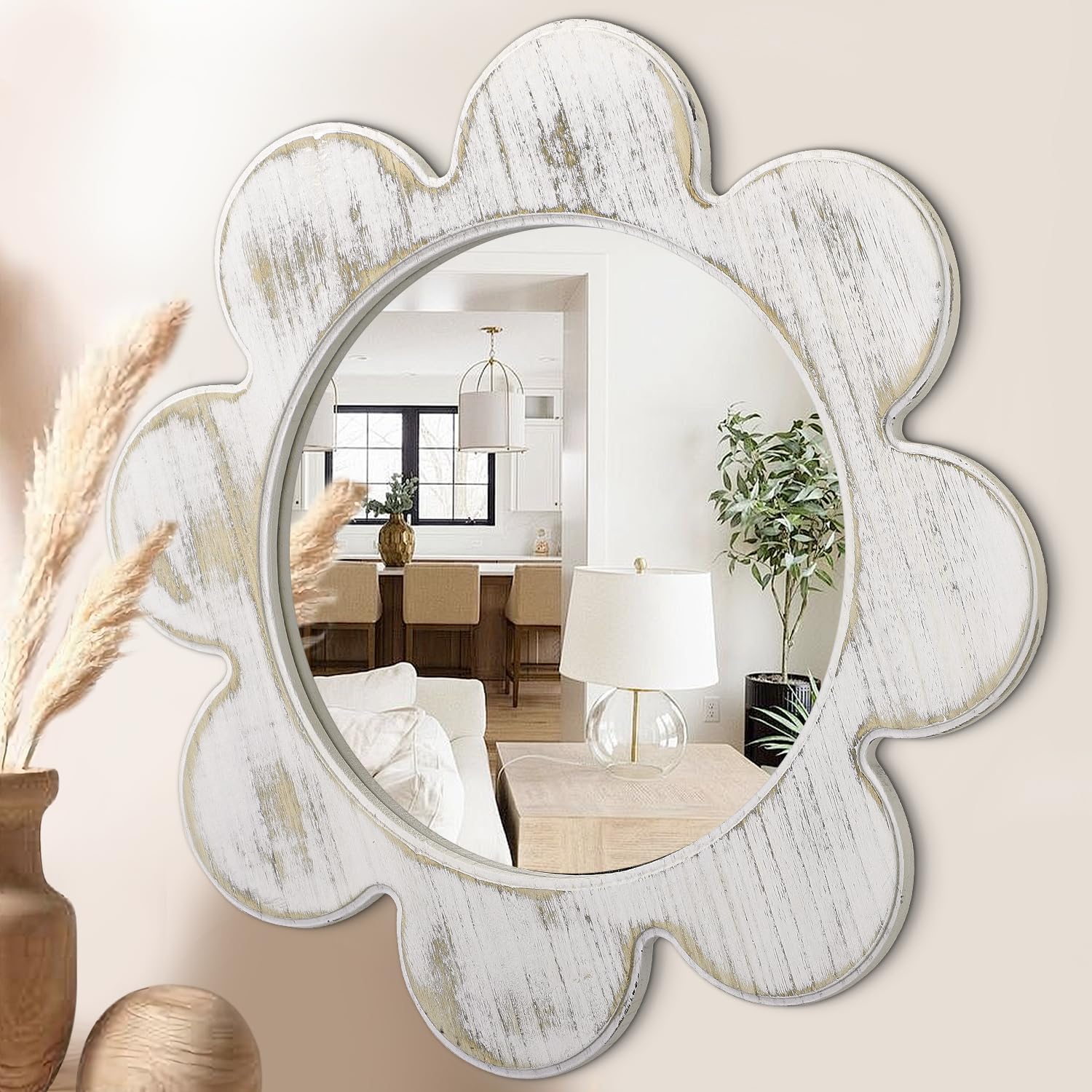 Rustic White Round Bathroom Mirror, 16" Flower Circle Mirror, Round Wall Mirror with Simple Metal Frame, Modern Round Hanging Mirror for Bathroom, Hallway, Livng Room