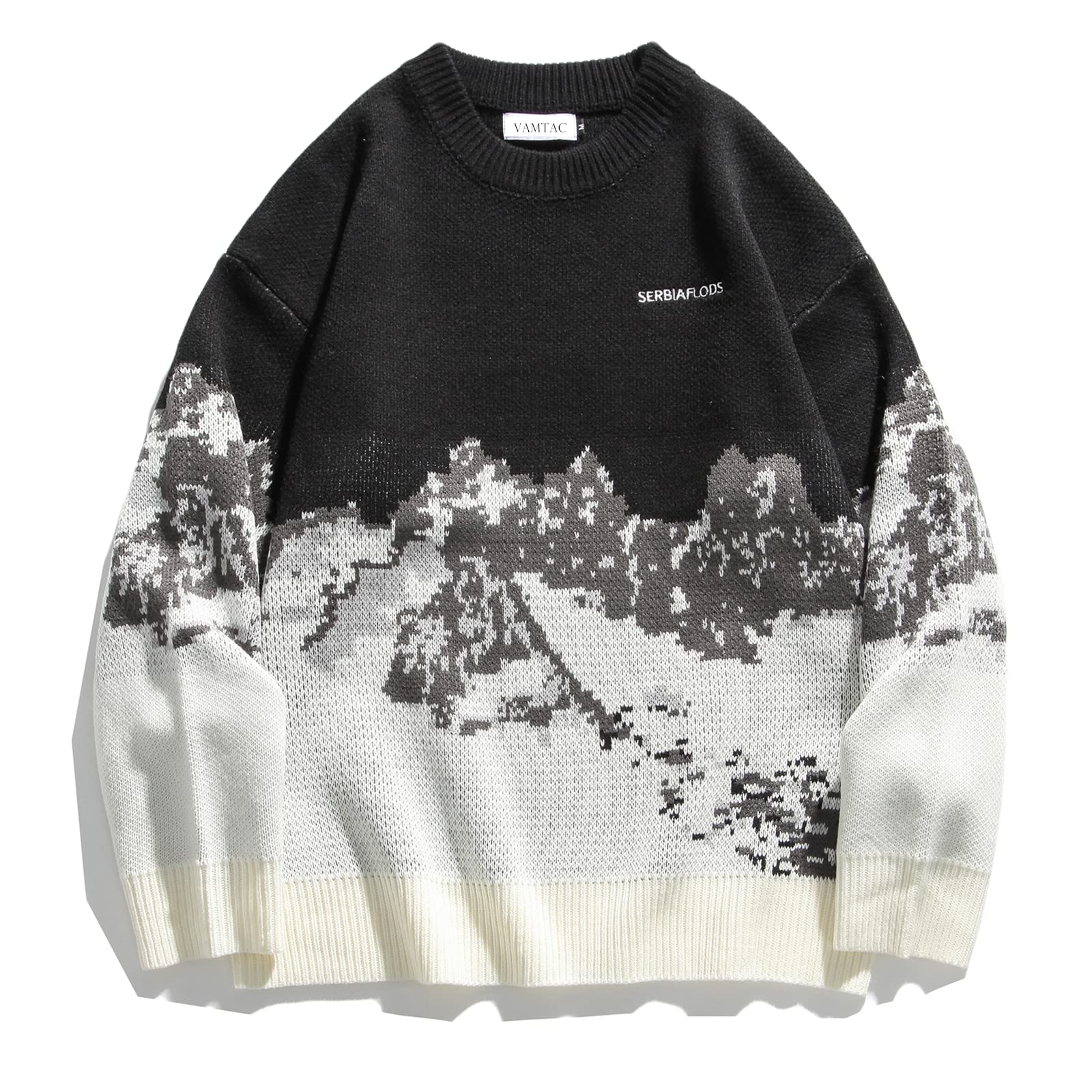 VamtacMens Grassland Cow Vintage Oversize Knitted Sweater Long Sleeve Round Neck Knitted Pullover Jumper