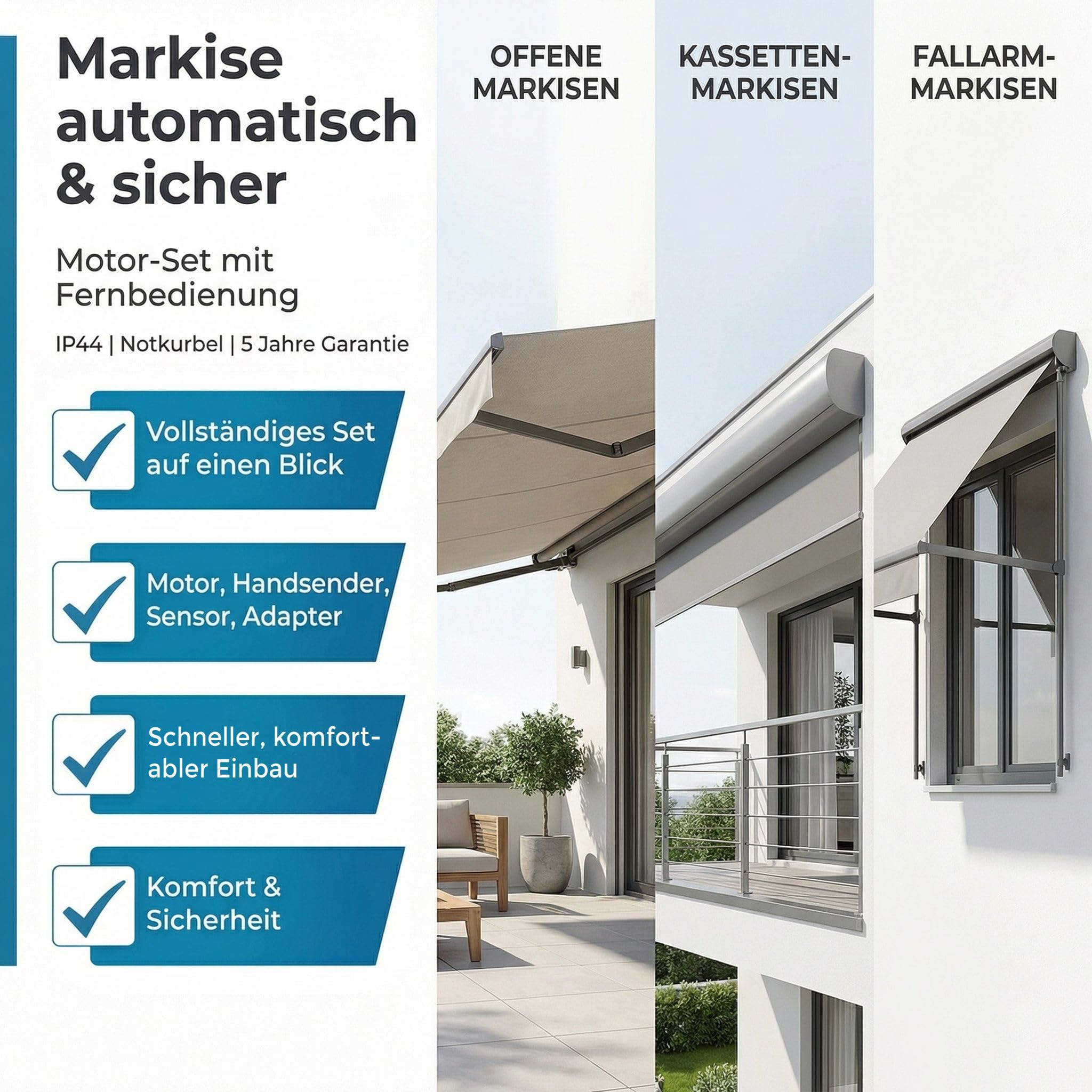 h Markisenmotor-Set 50 Nm mit Notkurbelfunktion & Funk – Inkl. 1-Kanal Handfunksender – Universell für Gelenkarm-, Kassetten- & Fallarmmarkisen bis 24 m² – 78 mm Rund & 60 mm 8-Kant
