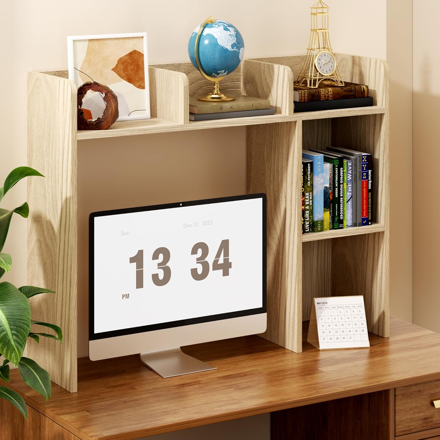 Desktop Bookshelf for Computer Desk, 5 Shelves Desk Hutch Shelf for College Dorm, 3-Tiers Countertop Storage Hutch, Wooden Desktop Hutch Organizer