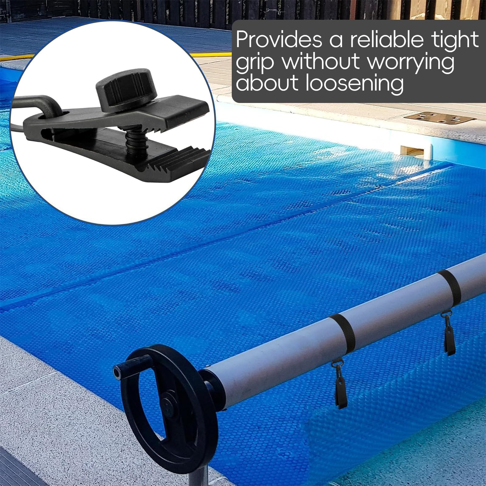 Enrollador de piscina, juego de 8 bandas de sujeción y 8 grapas, accesorios de cubierta, correas de cubierta solar y clips, para láminas solares para lonas de piscina, cubiertas