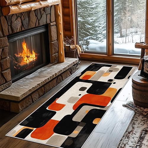 Miniatura 3 de Alfombra retro de los años 70 de 4 x 12 pulgadas, alfombra de pasillo vintage geométrica negra, blanca y naranja, antideslizante, lavable, alfombra