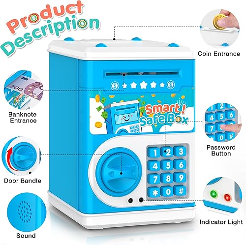Miniatura 3 de Alcancía azul para niños, banco electrónico de monedas, tarro de dinero seguro para niños de 4 7 8 9 10 11 años con bloqueo de código de contraseña
