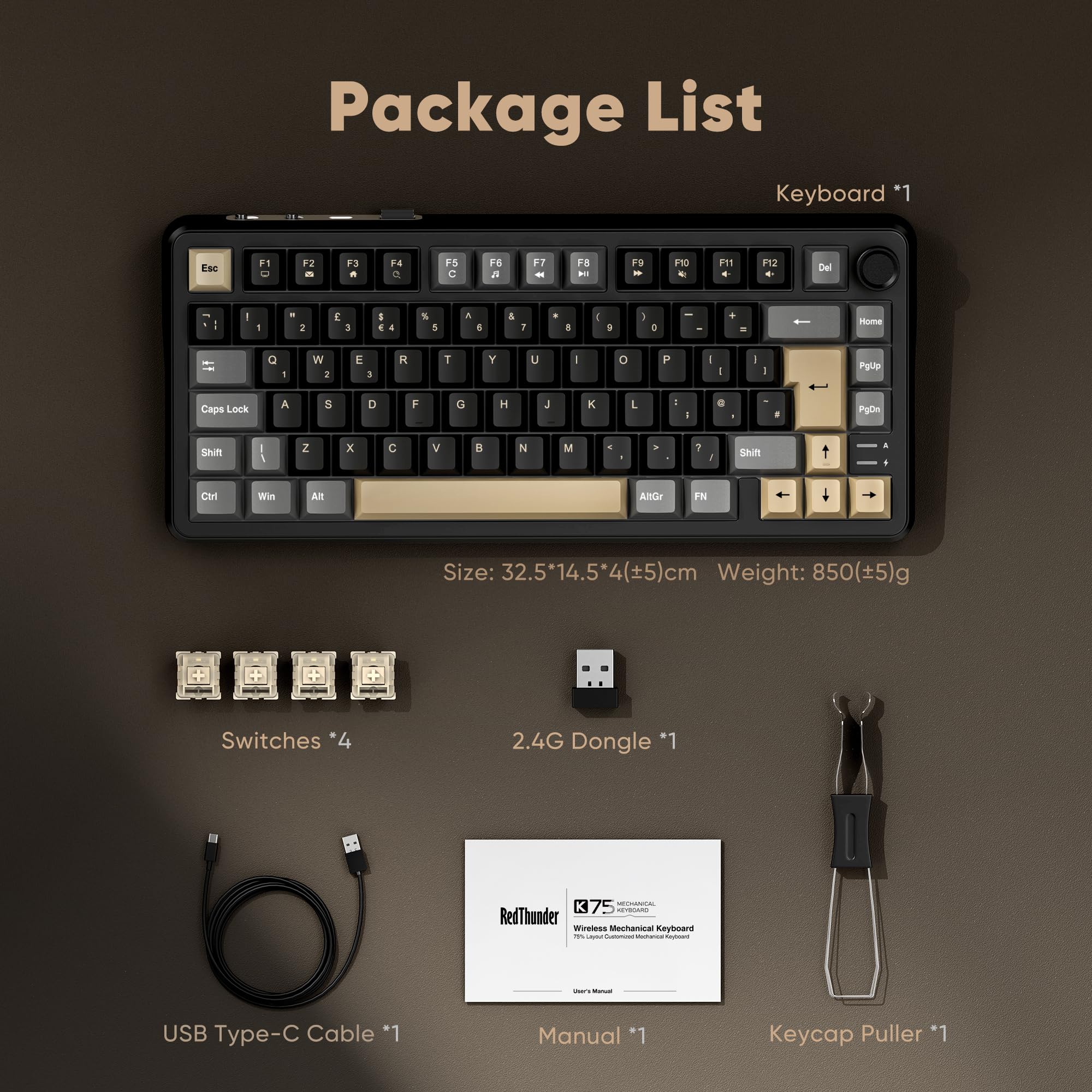 RedThunder K75 70% Wireless Mechanical Gaming Keyboard, Creamy Gasekt-Mounted,Volume Knob,Ultra Compact UK Layout 82 Keys,2.4G/BT/USB-C,RGB Underglow Lighting,Hot swappable Fast Apricot Switch