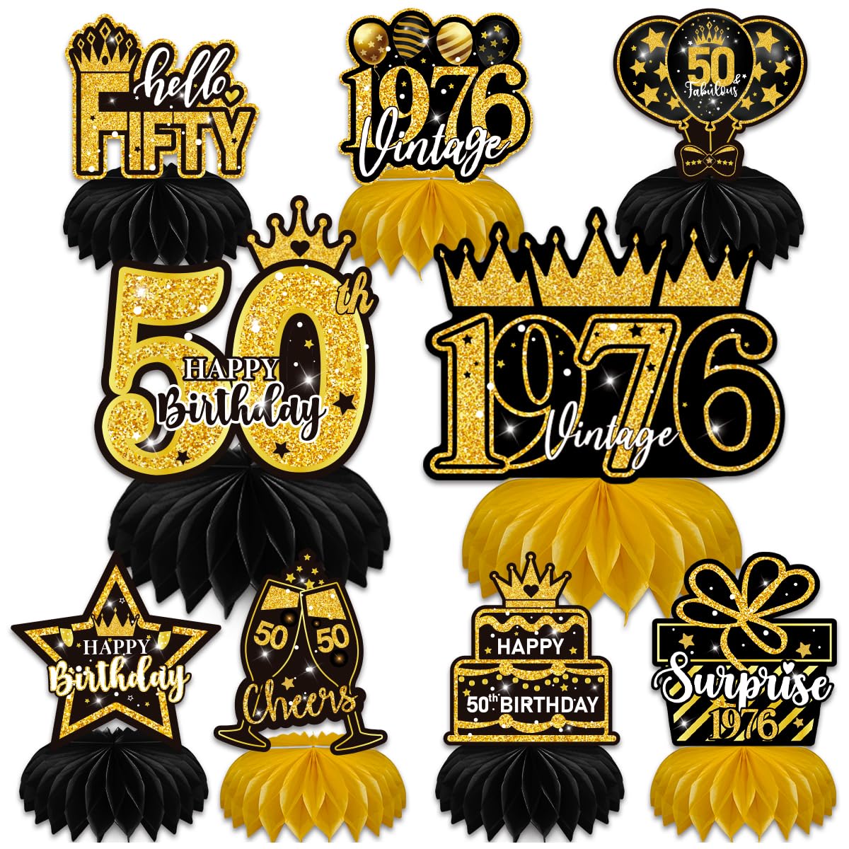 50th Birthday Decorations for Men Women – 9PCS Black and Gold Honeycomb Centerpieces, Vintage 1976 Table Decorations for 50th Birthday Party, Anniversary & Celebration Supplies