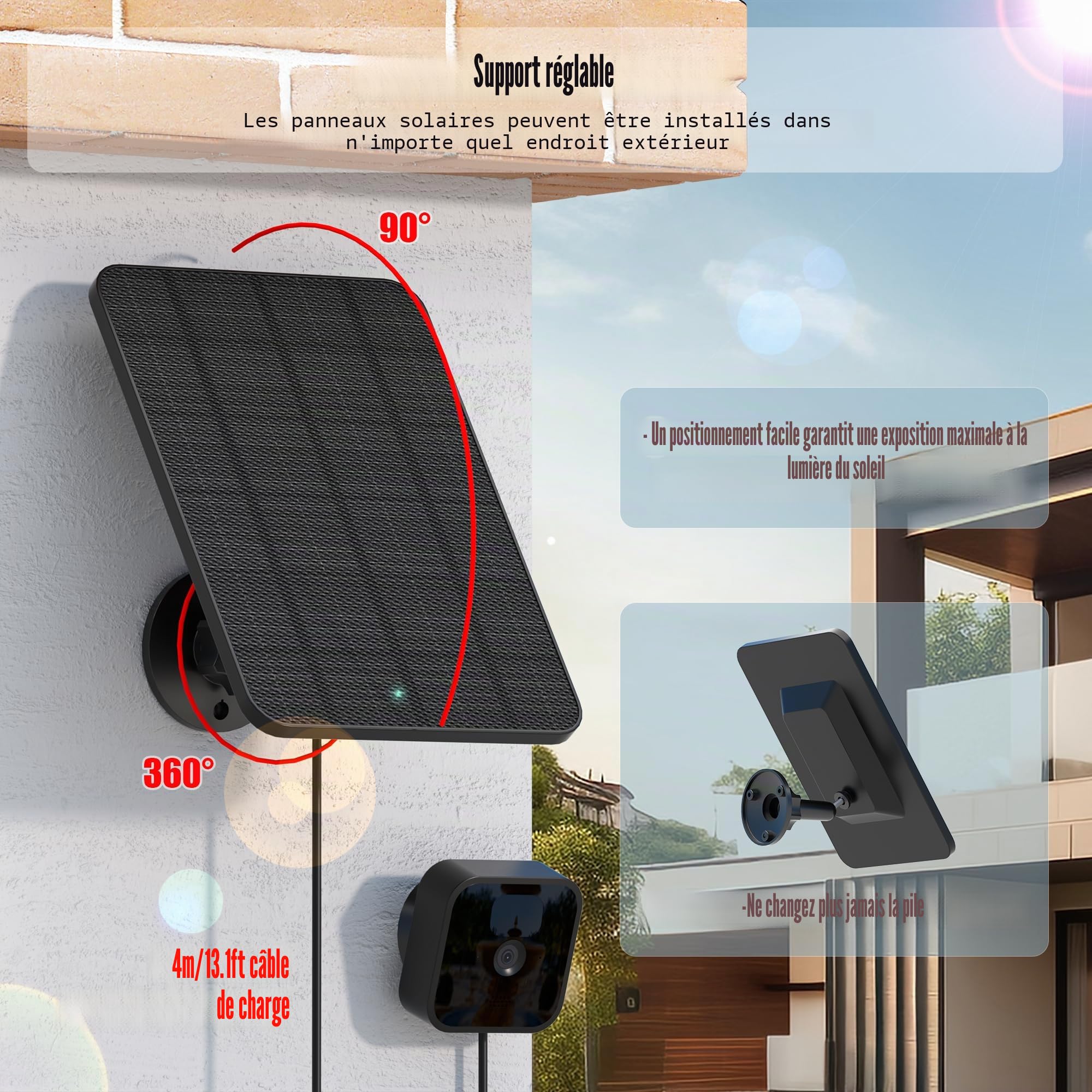 Panneau Solaire pour Caméra Blink d'extérieur, 4W Panneau Solaire pour Caméra Blink d'extérieur, Caméra Blink XT2/XT&SimpliSafe, IP65 Blink d'extérieur(3rd Gen) avec Connecteur en Caoutchouc(2 Pack)