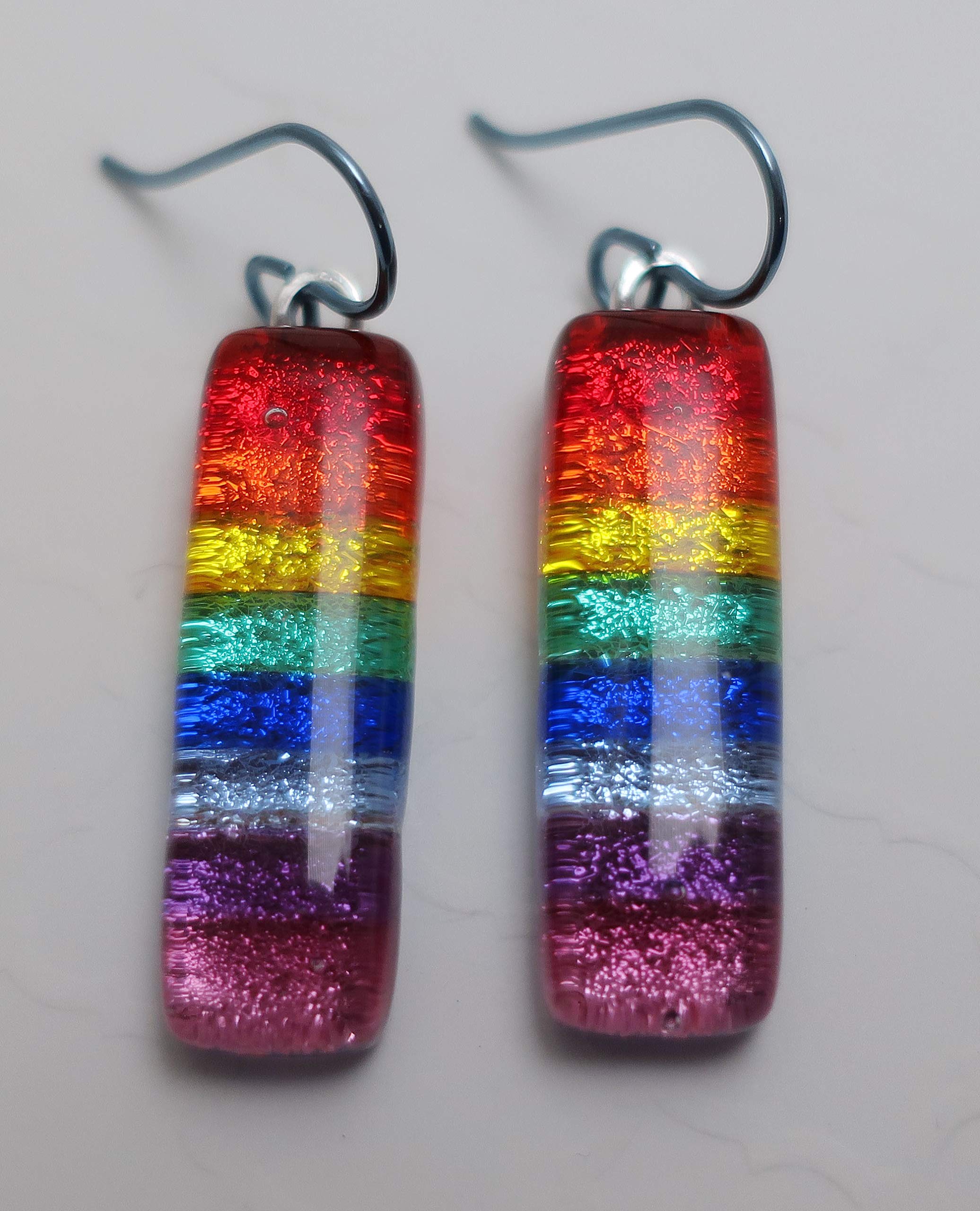 Long Fused Dichroic Glass Rainbow Pride Glass Niobium Earrings N337
