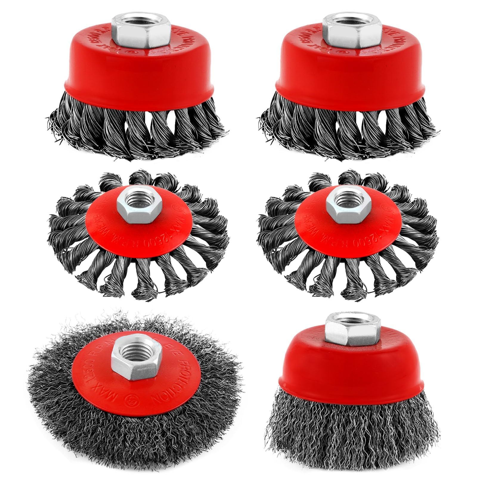 Set di pennelli a tazza in filo metallico ondulato confezionato con 6 diverse spazzole per smerigliatrice angolare, con smerigliatrice angolare da 4 1/2 e pergolato filettato da 5/8"-11 per pulire la