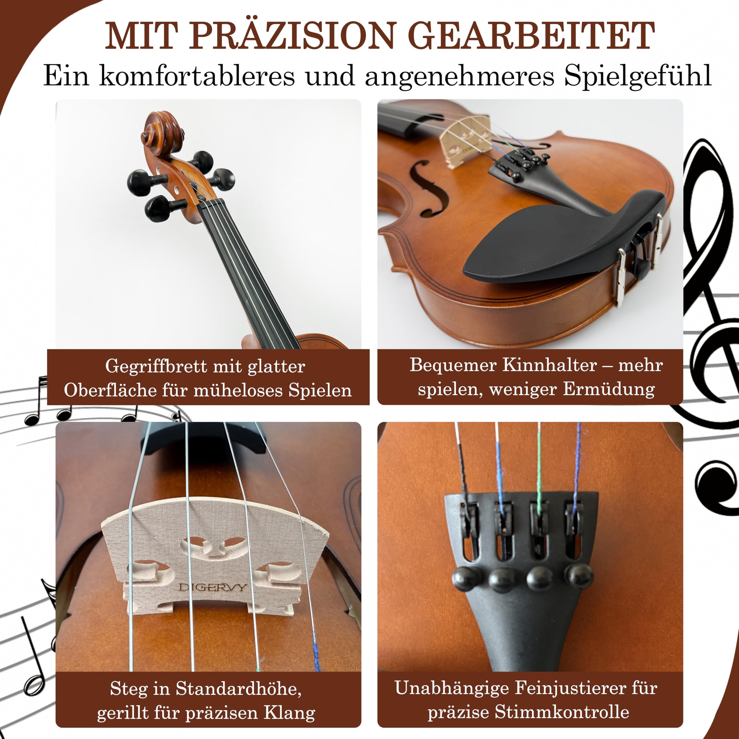Geige 4/4 Vollgröße – Violine Anfänger Set für Erwachsene & Schüler mit Geigenbogen aus Palisander, Geigenkoffer, Schulterstütze, Ersatzsaiten & Steg – Akustische Einsteiger Geige