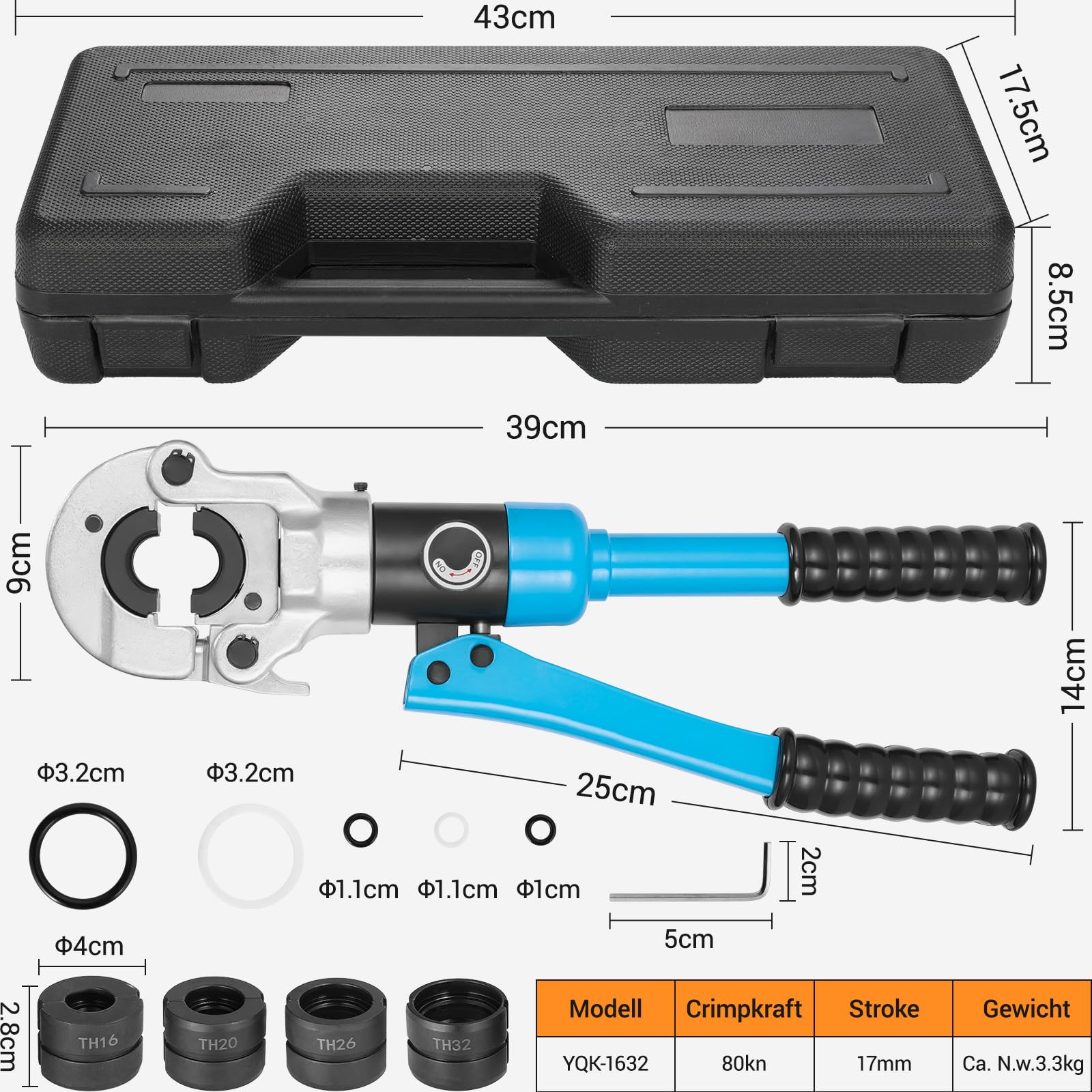 Alicates de presión profesional para el hogar, industria y jardín, plástico de aluminio, tubo PEX/PB, fuerza de prensado con cabezal giratorio 360°, 8T (crimpen TH16-32)