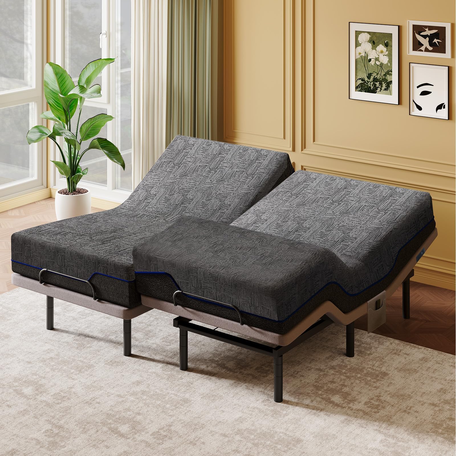 Amada Adjustable Bed Frame Split King Size, Electric Bed with Head & Foot Incline, Zero-Clearance and Zero Gravity Mode, 4 USB Ports and Wireless