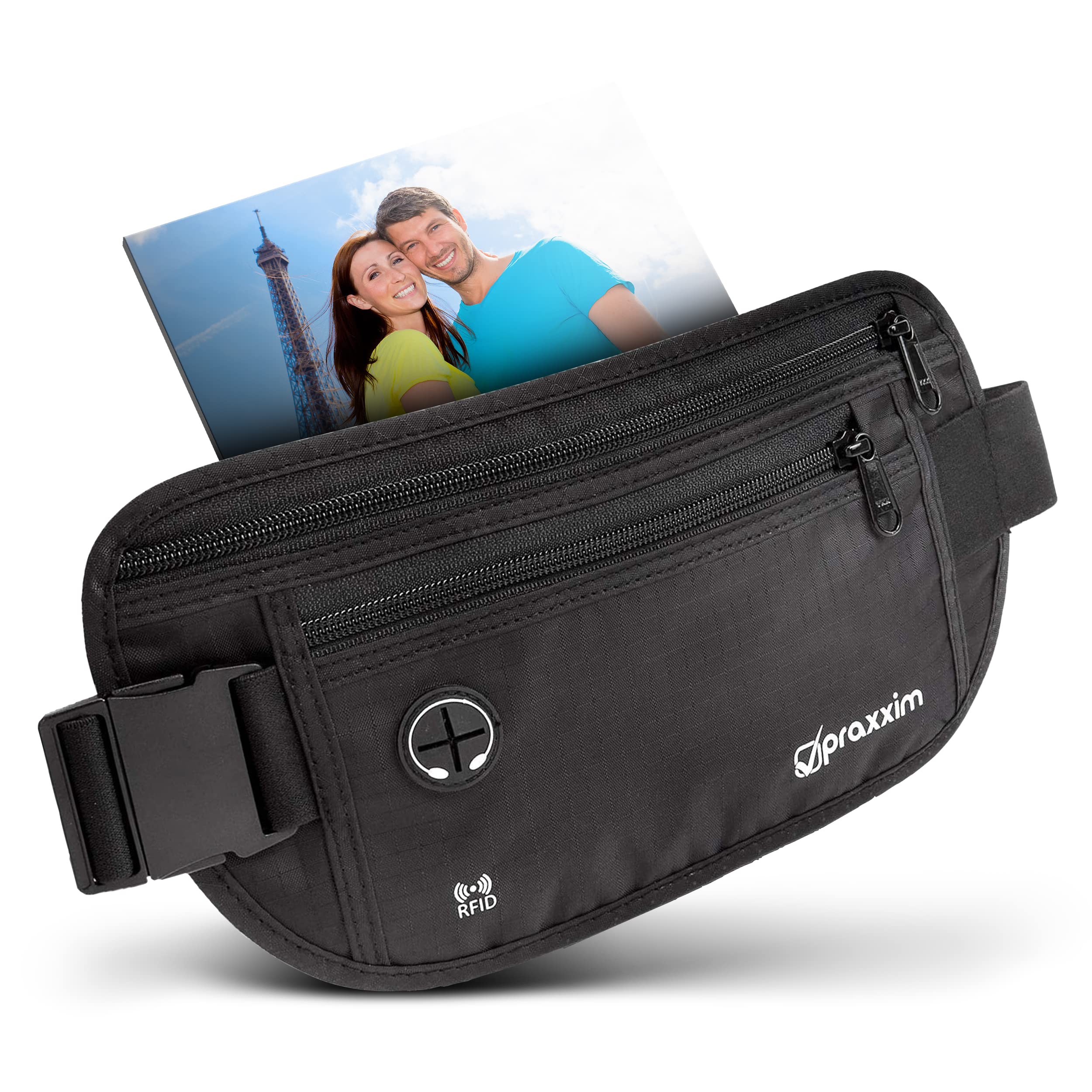 praxxim Die Bauchtasche zum Reisen - DIEBSTAHLSICHER mit RFID Schutz - Extra Flache Bauchtasche unter Kleidung tragbar - Hüfttasche - Reisebauchtasche - Geldgürtel für Damen und Herren