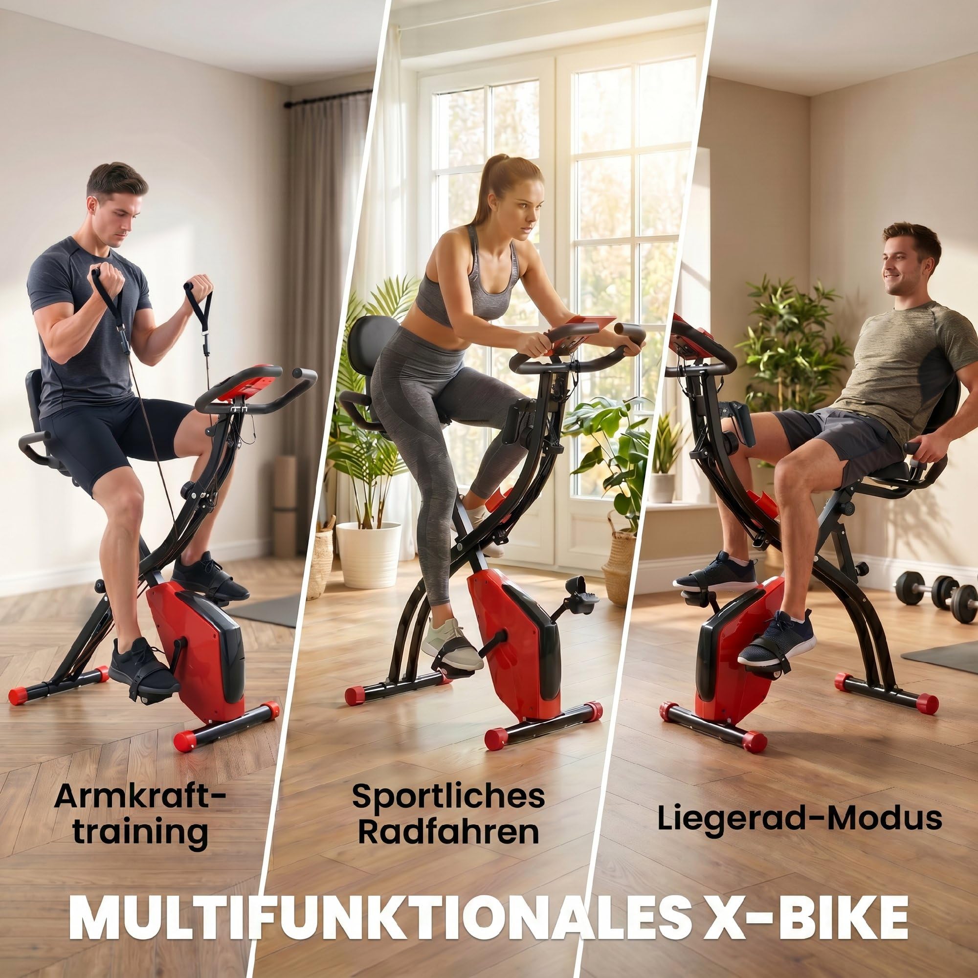 HOMCOM Heimtrainer 2-in-1 Fahrradtrainer mit LCD-Display Pulsmesser verstellbar Sitz Räder, klappbarer Hometrainer Trimmrad mit 8 stufig Magnetwiderstand, Spannseil, Stahl
